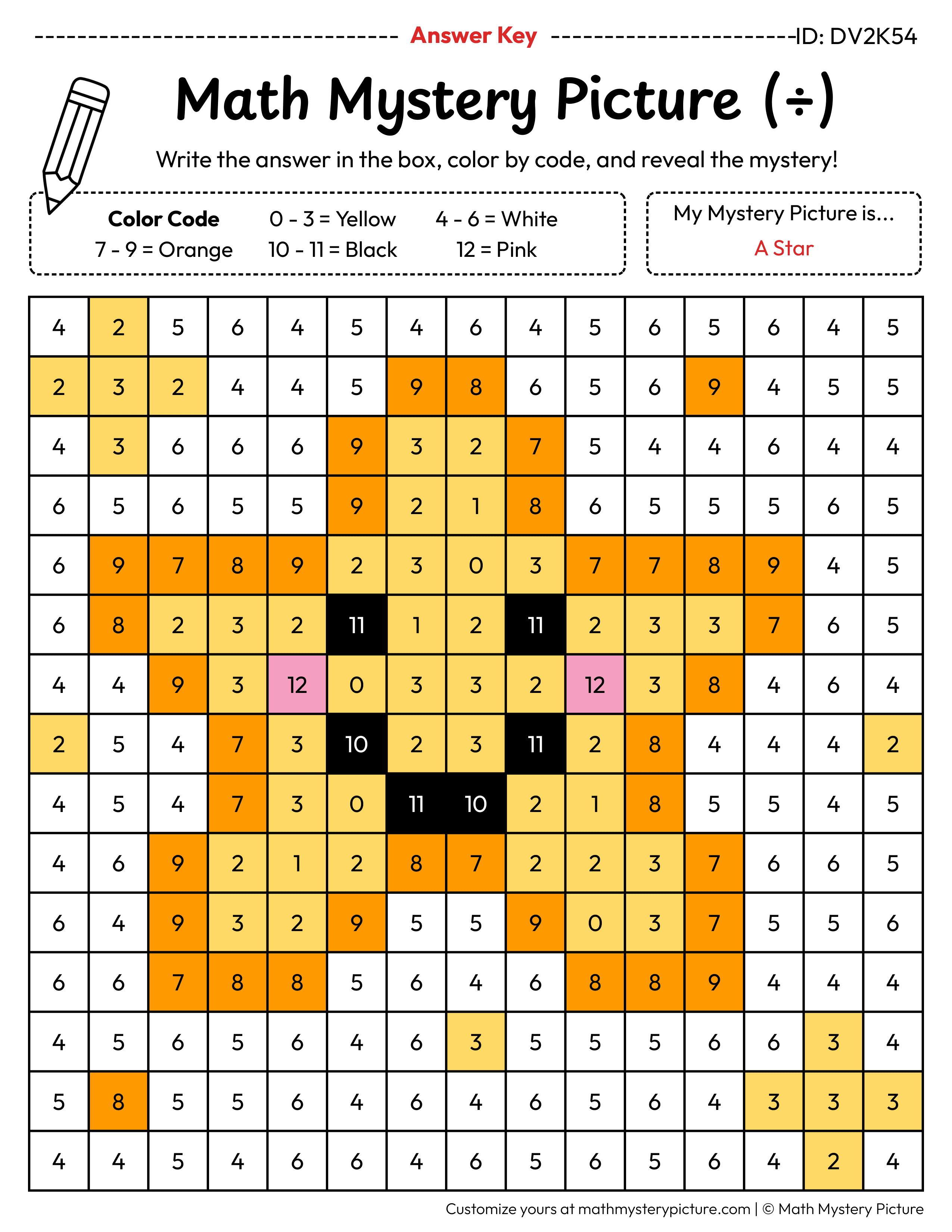 End of the Year Star Division Facts Math Mystery Picture Color by Number Answer Key