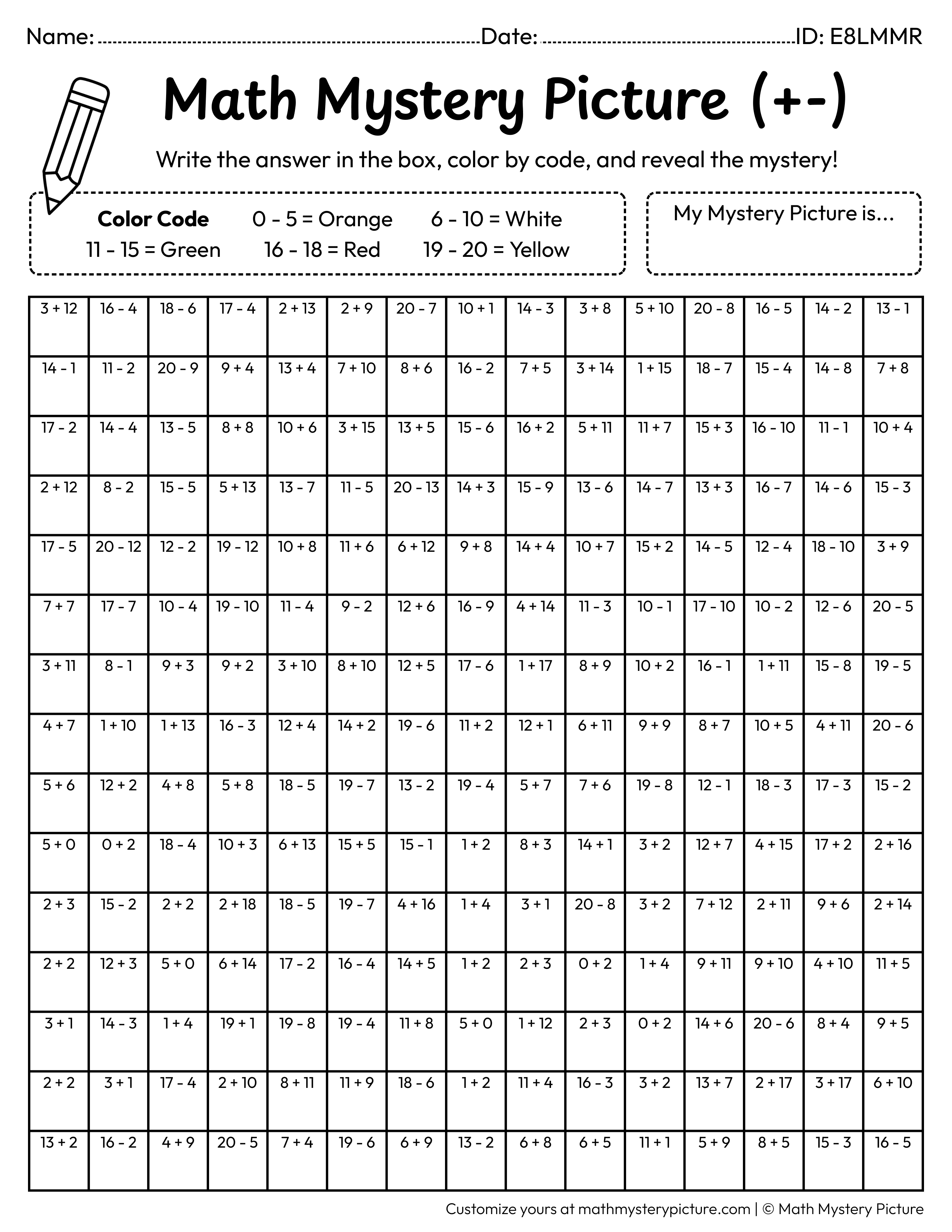 End of the Year Certificate Mixed Addition and Subtraction Within 20 Math Mystery Picture Coloring Worksheet