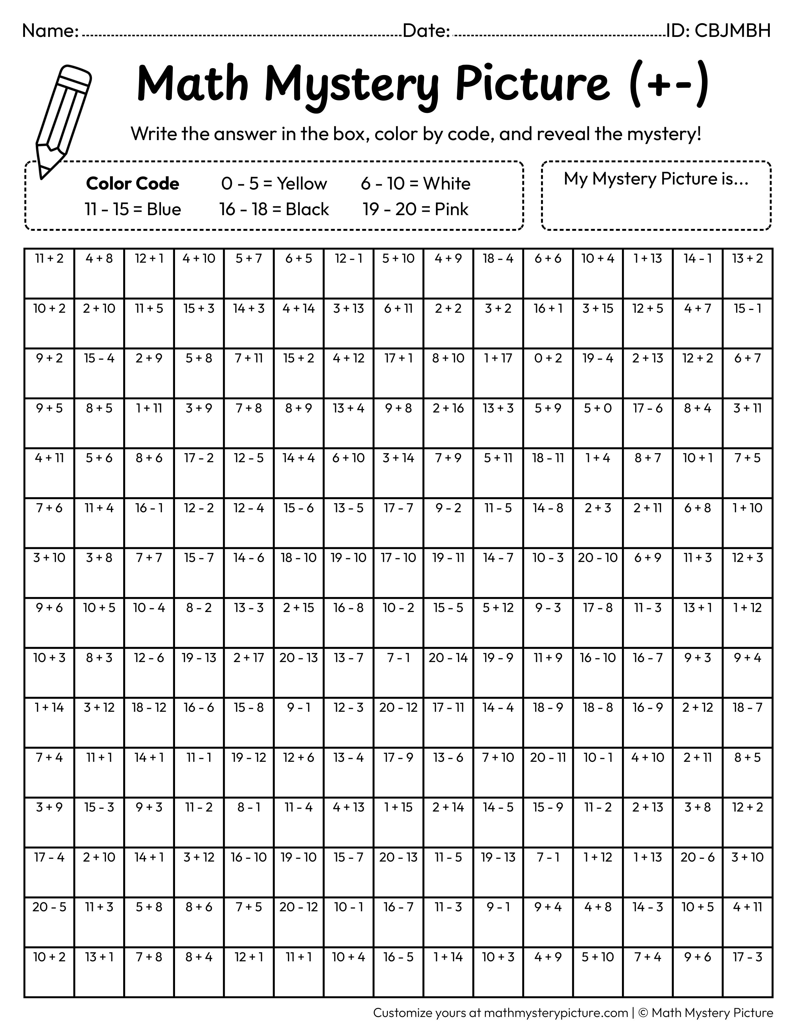 End of the Year Graduate Face Mixed Addition and Subtraction Within 20 Math Mystery Picture Coloring Worksheet