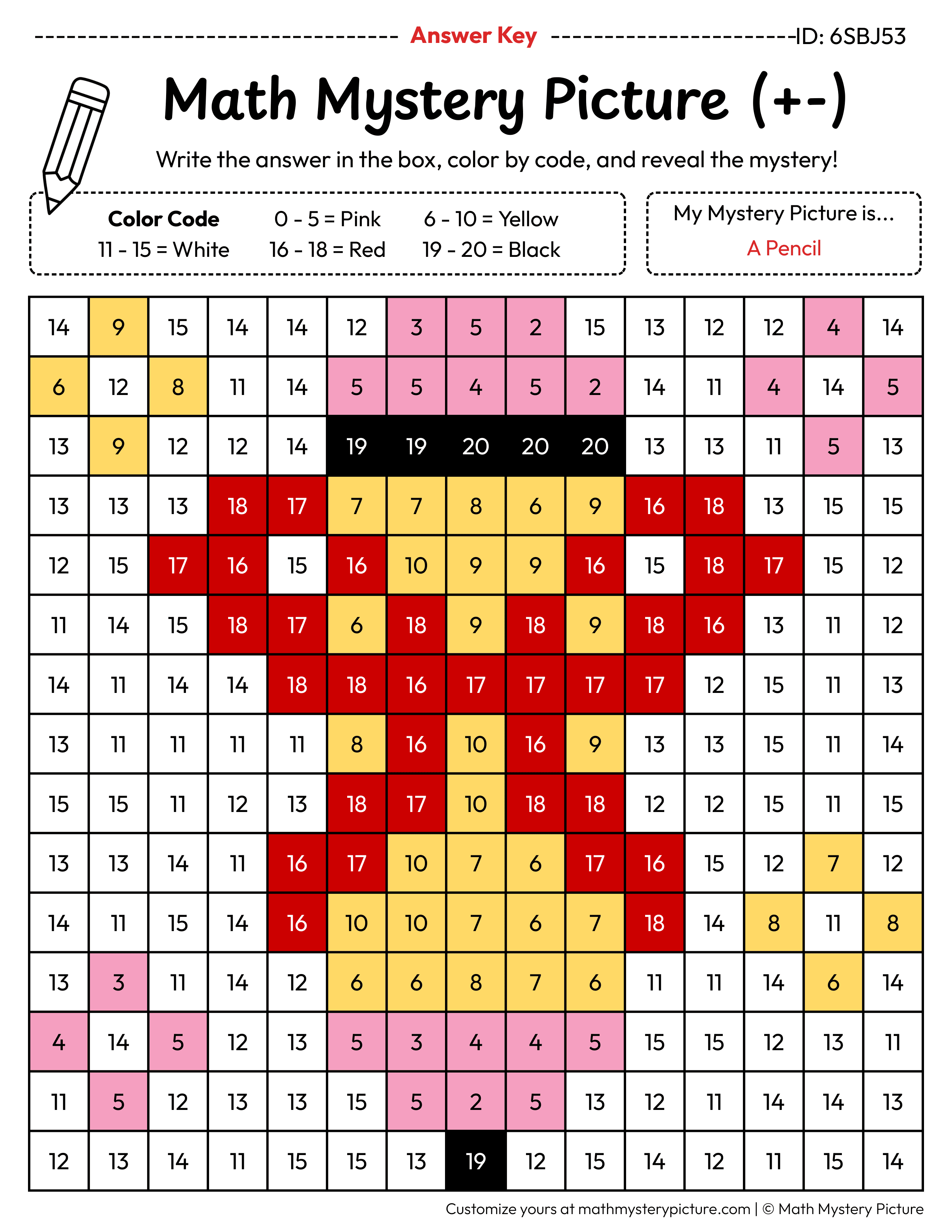 End of the Year Pencil Mixed Addition and Subtraction Within 20 Math Mystery Picture Color by Number Answer Key