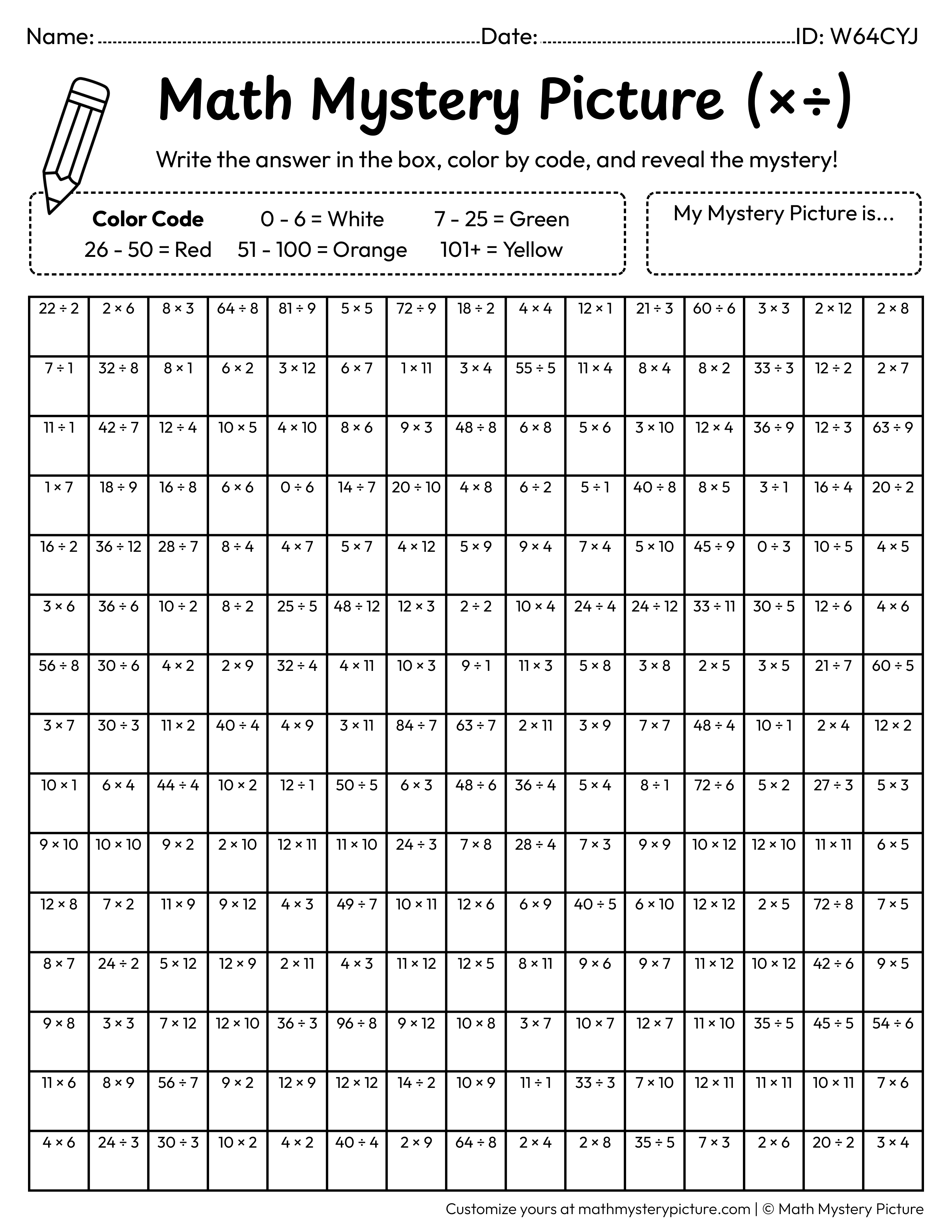 End of the Year Certificate Mixed Multiplication and Division Facts Math Mystery Picture Coloring Worksheet