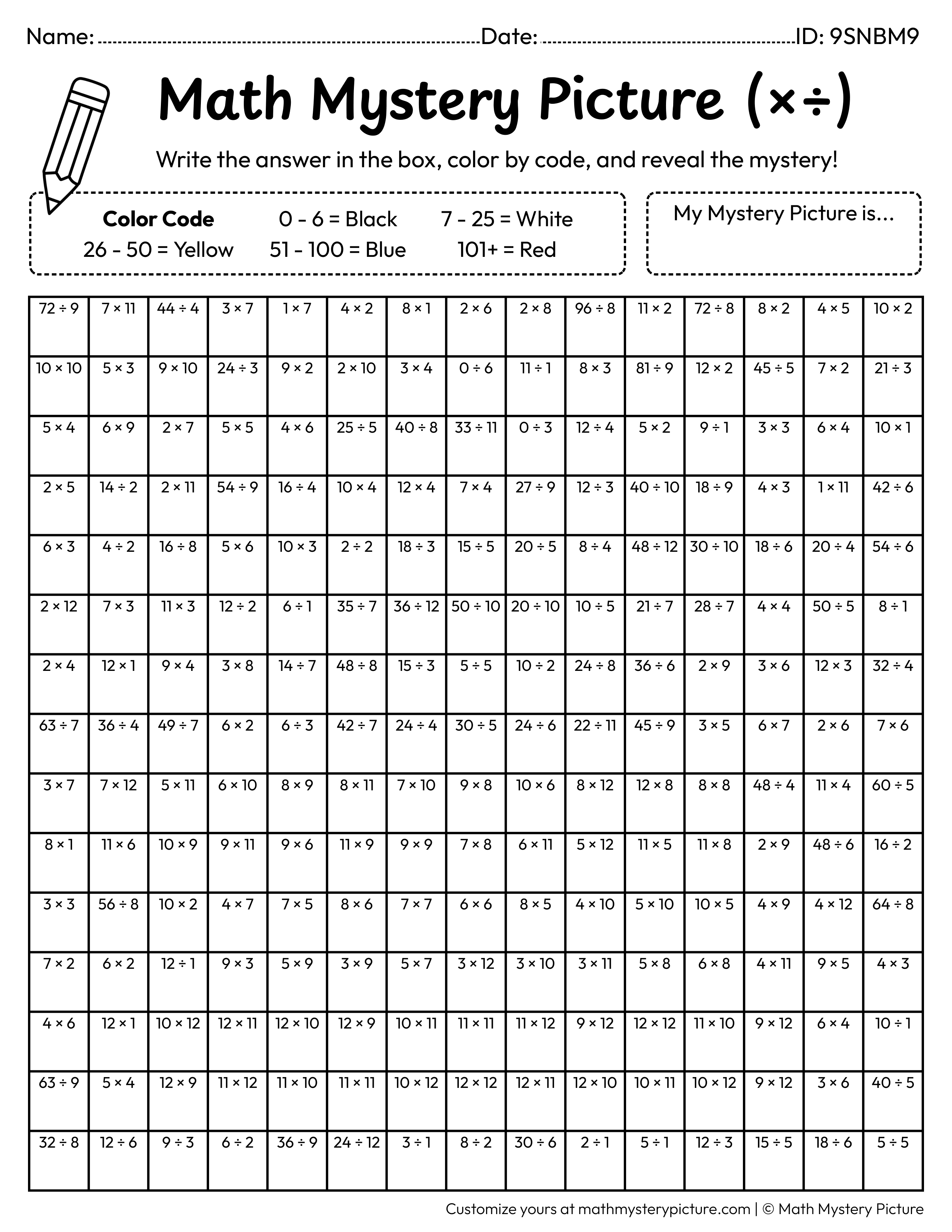 End of the Year Graduation Cap Mixed Multiplication and Division Facts Math Mystery Picture Coloring Worksheet