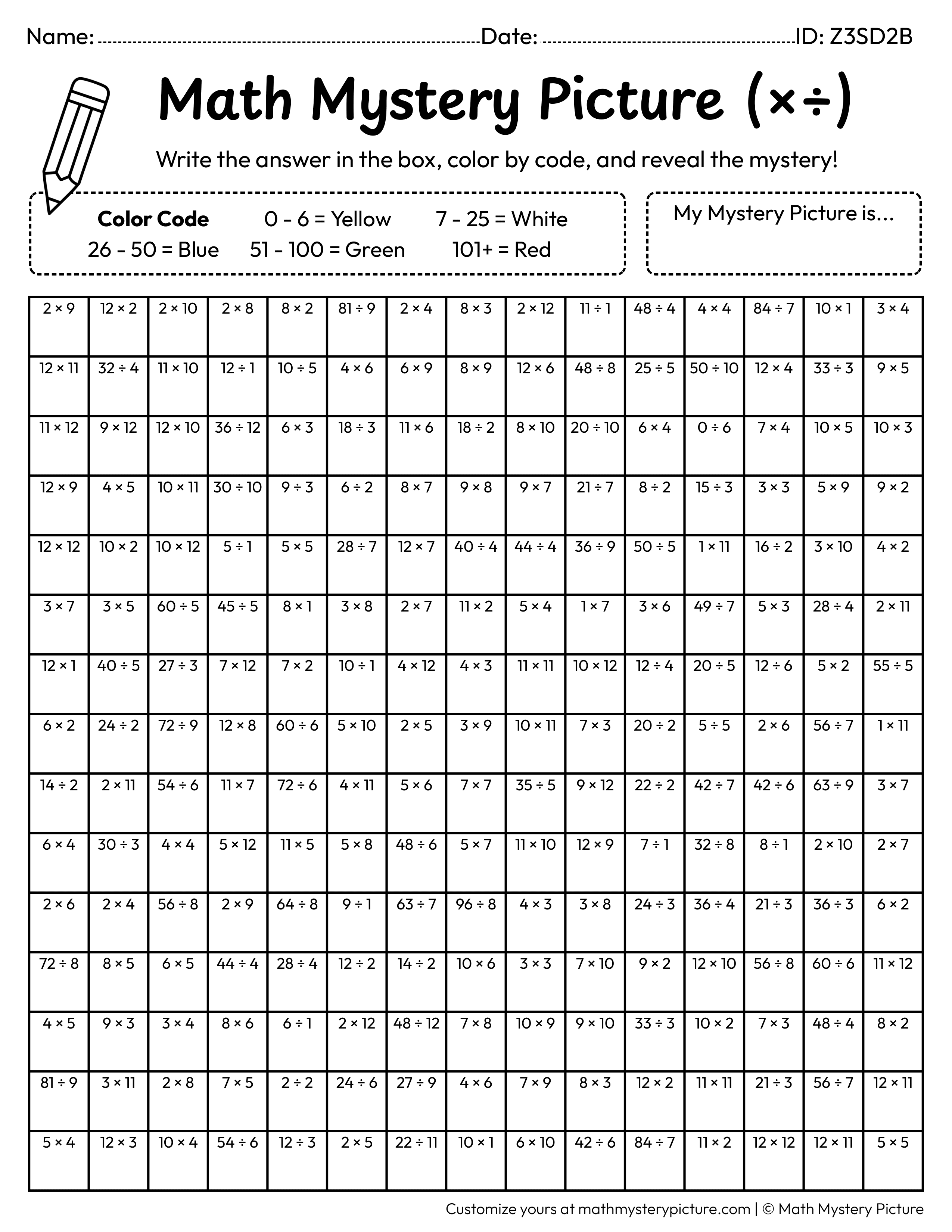 End of the Year Happy Last Day of School Mixed Multiplication and Division Facts Math Mystery Picture Coloring Worksheet