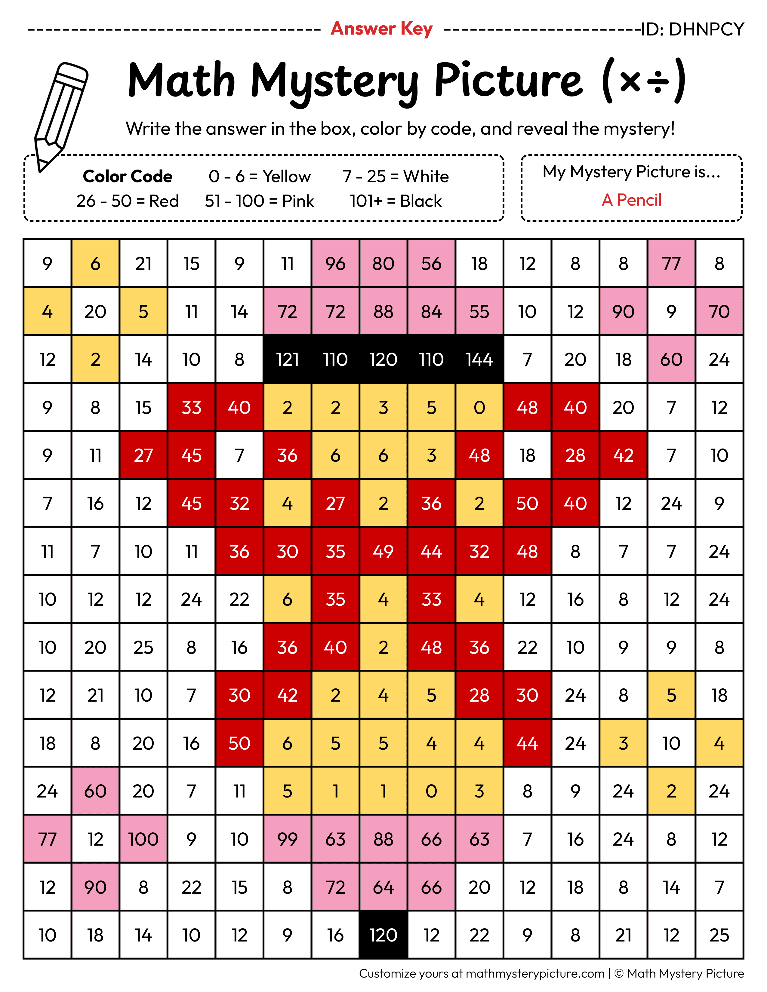 End of the Year Pencil Mixed Multiplication and Division Facts Math Mystery Picture Color by Number Answer Key