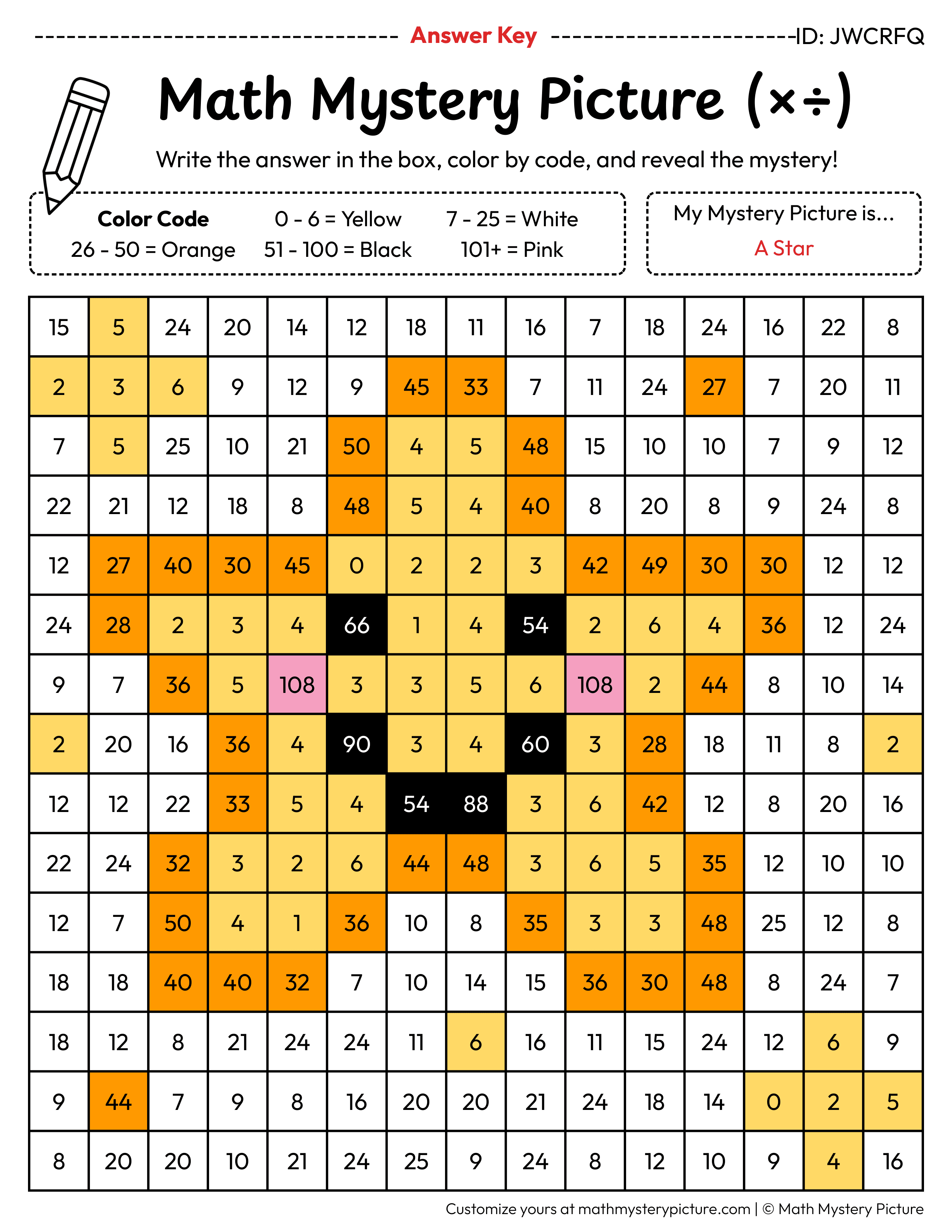 End of the Year Star Mixed Multiplication and Division Facts Math Mystery Picture Color by Number Answer Key