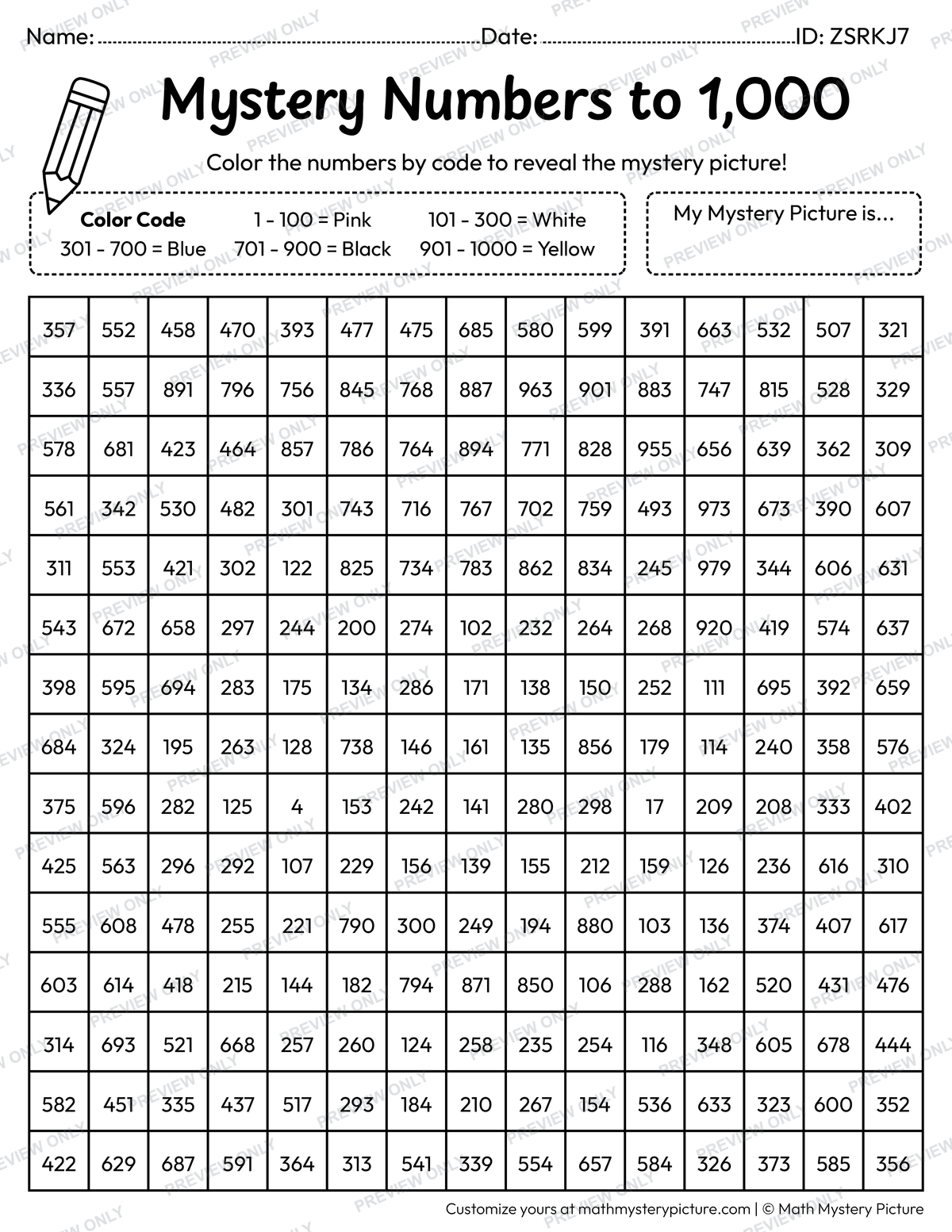 End of the Year Graduate Face Numbers to 1,000 Math Mystery Picture Coloring Worksheet