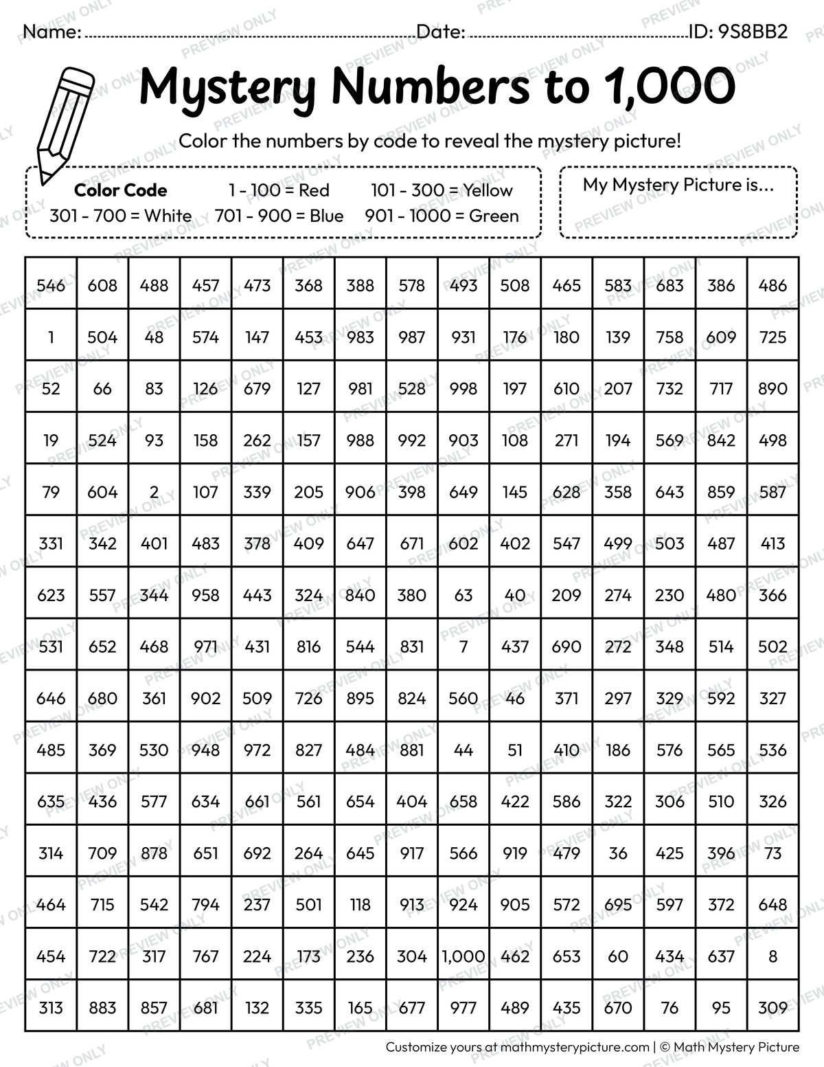 End of the Year Happy Last Day of School Numbers to 1,000 Math Mystery Picture Coloring Worksheet