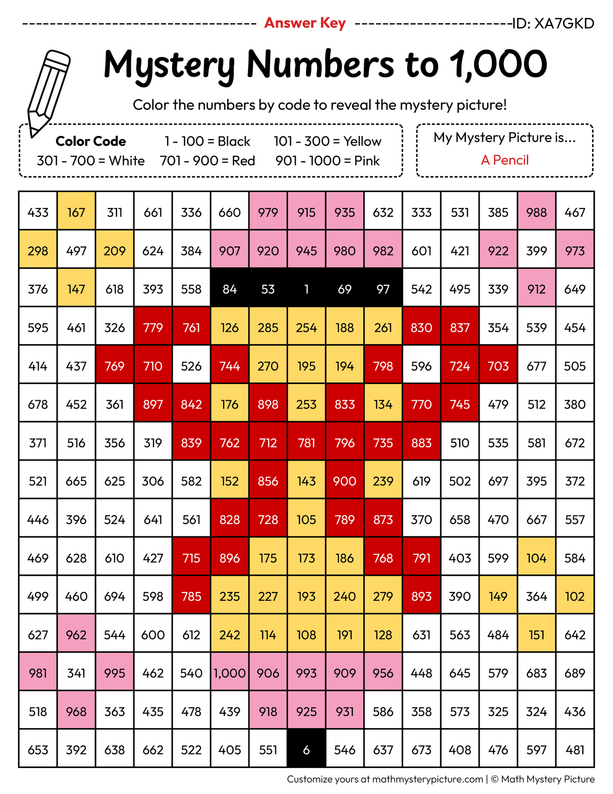 End of the Year Pencil Numbers to 1,000 Math Mystery Picture Color by Number Answer Key