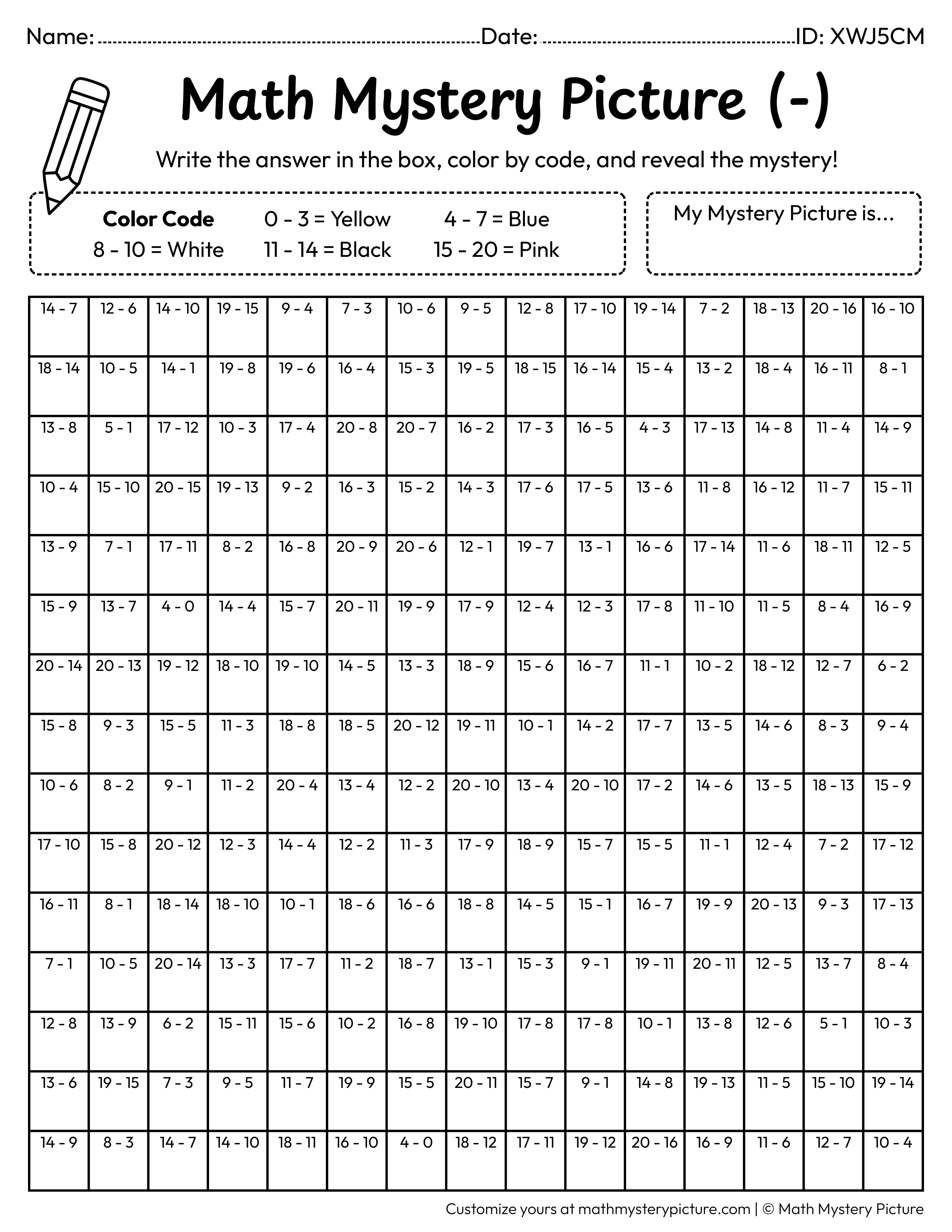End of the Year Graduate Face Subtraction Within 20 Math Mystery Picture Coloring Worksheet