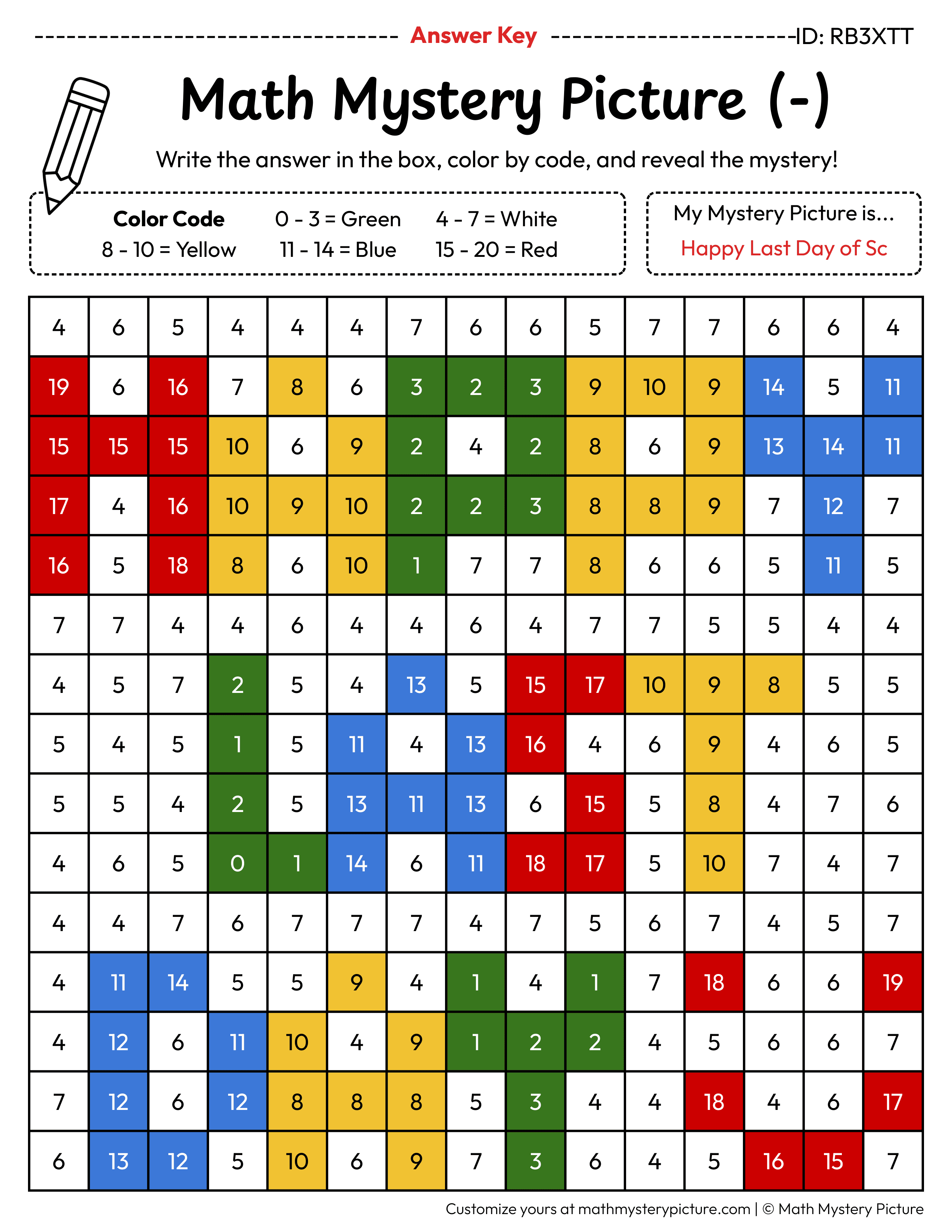 End of the Year Happy Last Day of School Subtraction Within 20 Math Mystery Picture Color by Number Answer Key