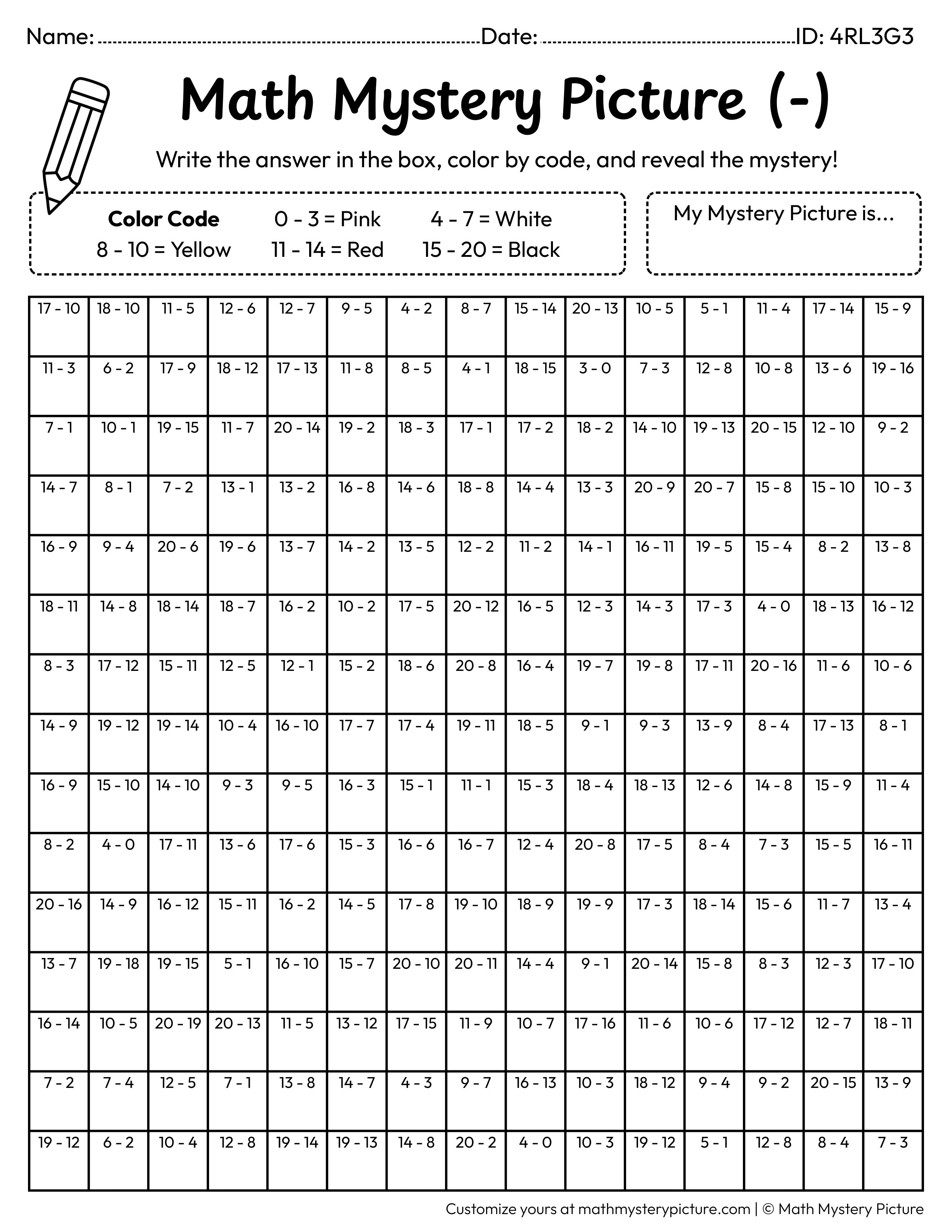 End of the Year Pencil Subtraction Within 20 Math Mystery Picture Coloring Worksheet