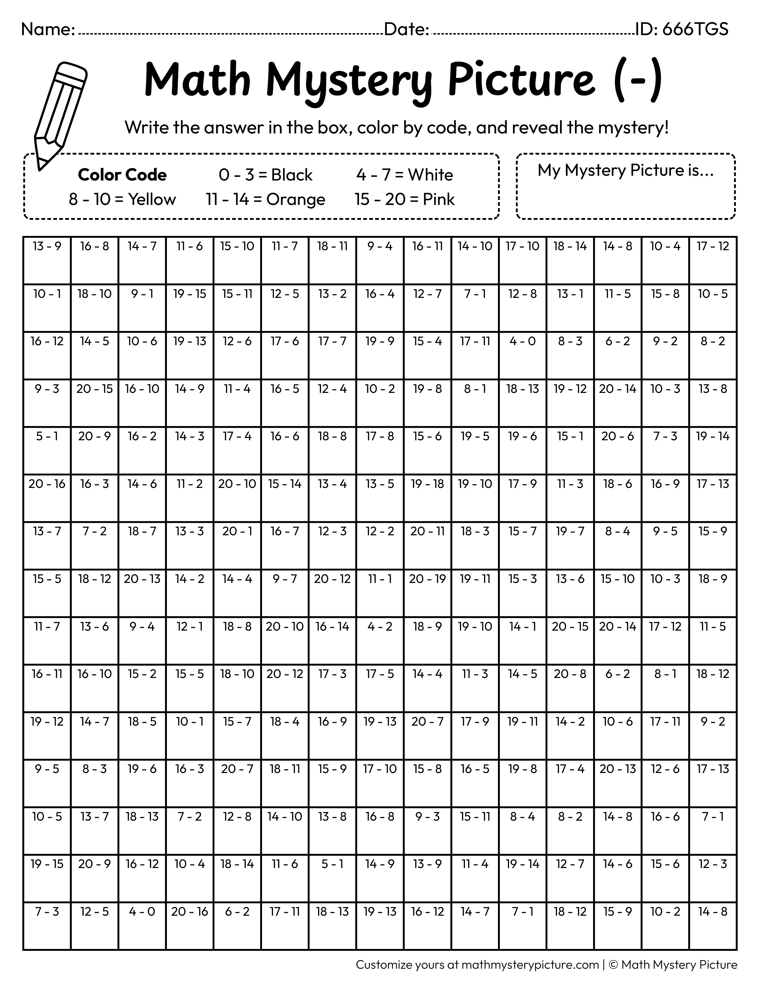 End of the Year Star Subtraction Within 20 Math Mystery Picture Coloring Worksheet