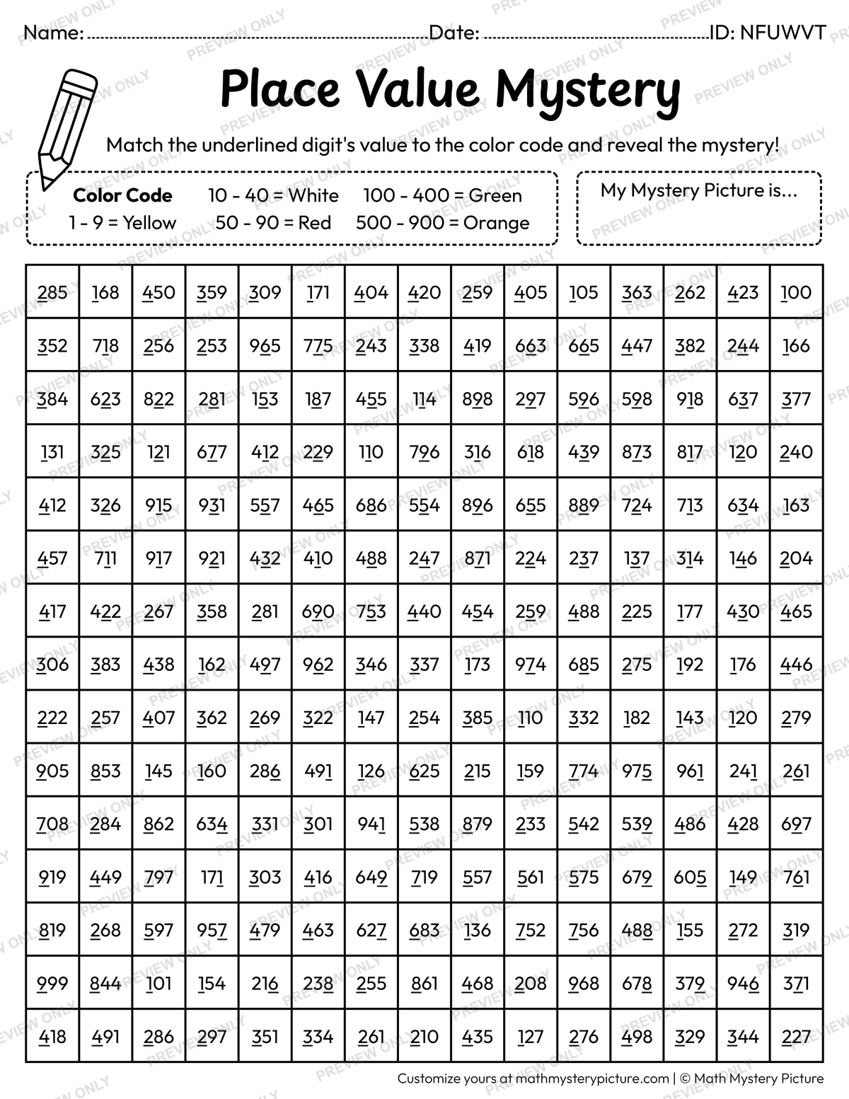 End of the Year Certificate Value of Underlined Digit Math Mystery Picture Coloring Worksheet