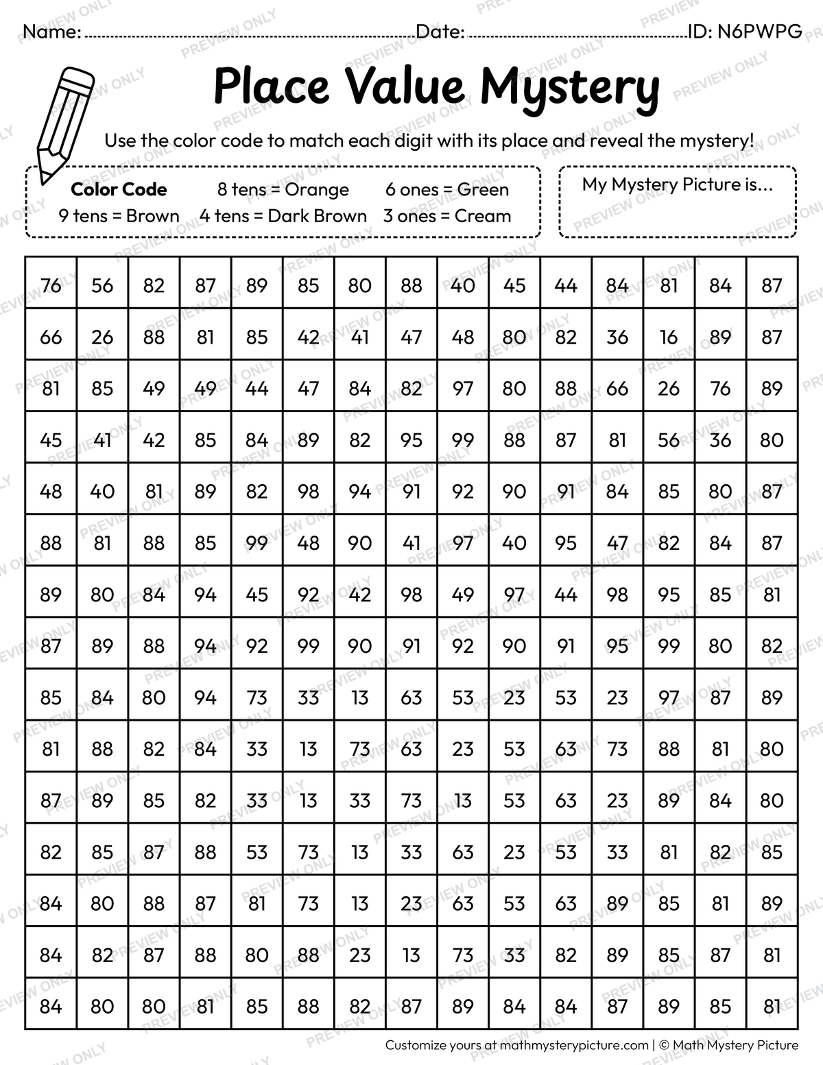 Fall Acorn 2-digit Place Value Math Mystery Picture Coloring Worksheet