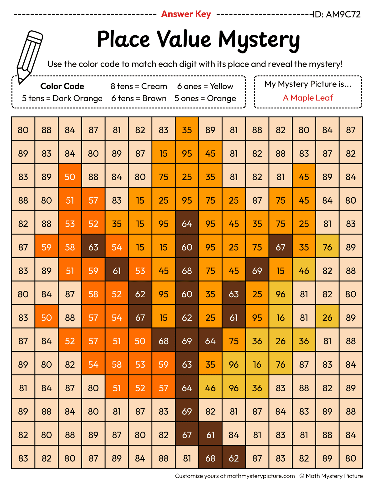 Fall Maple Leaf 2-digit Place Value Math Mystery Picture Color by Number Answer Key