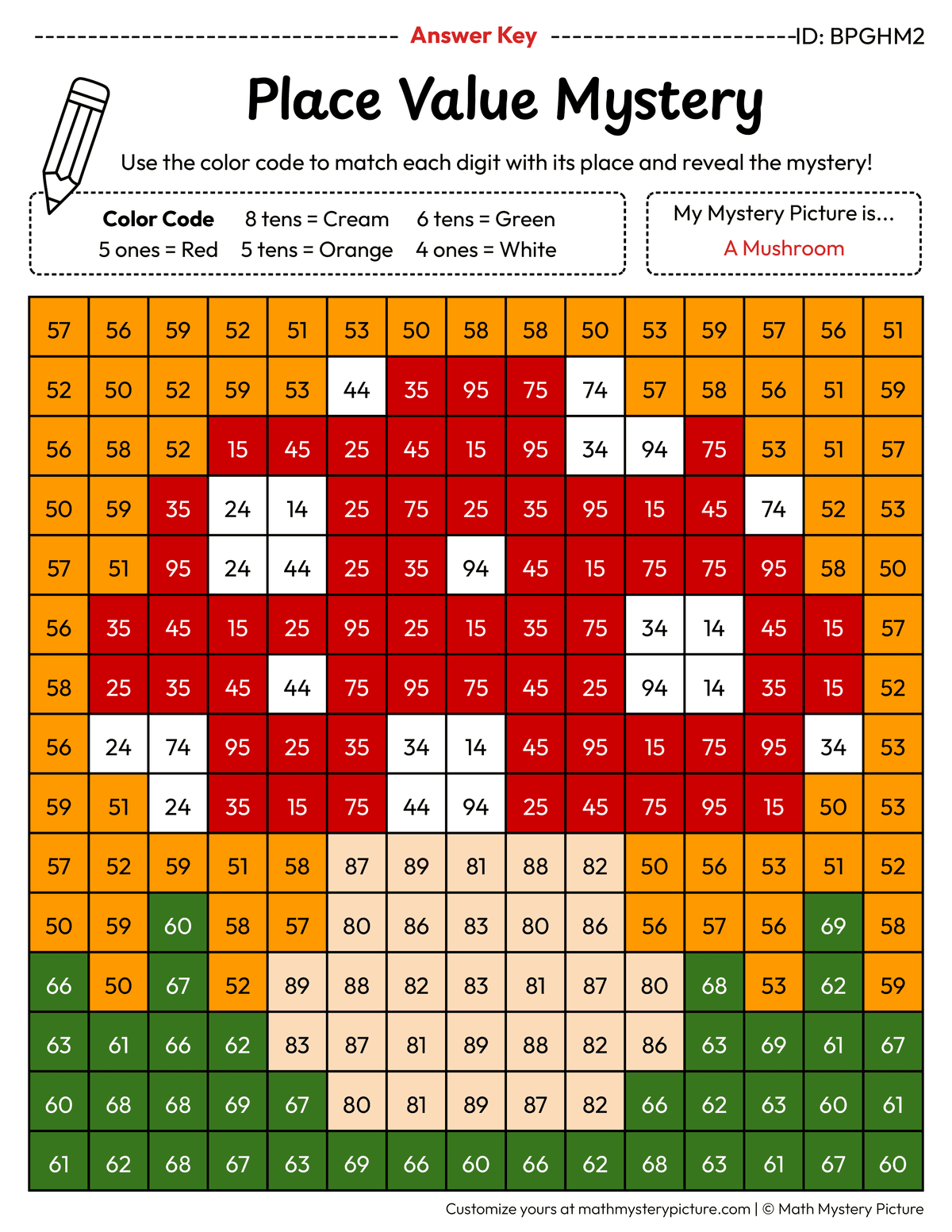 Fall Mushroom 2-digit Place Value Math Mystery Picture Color by Number Answer Key