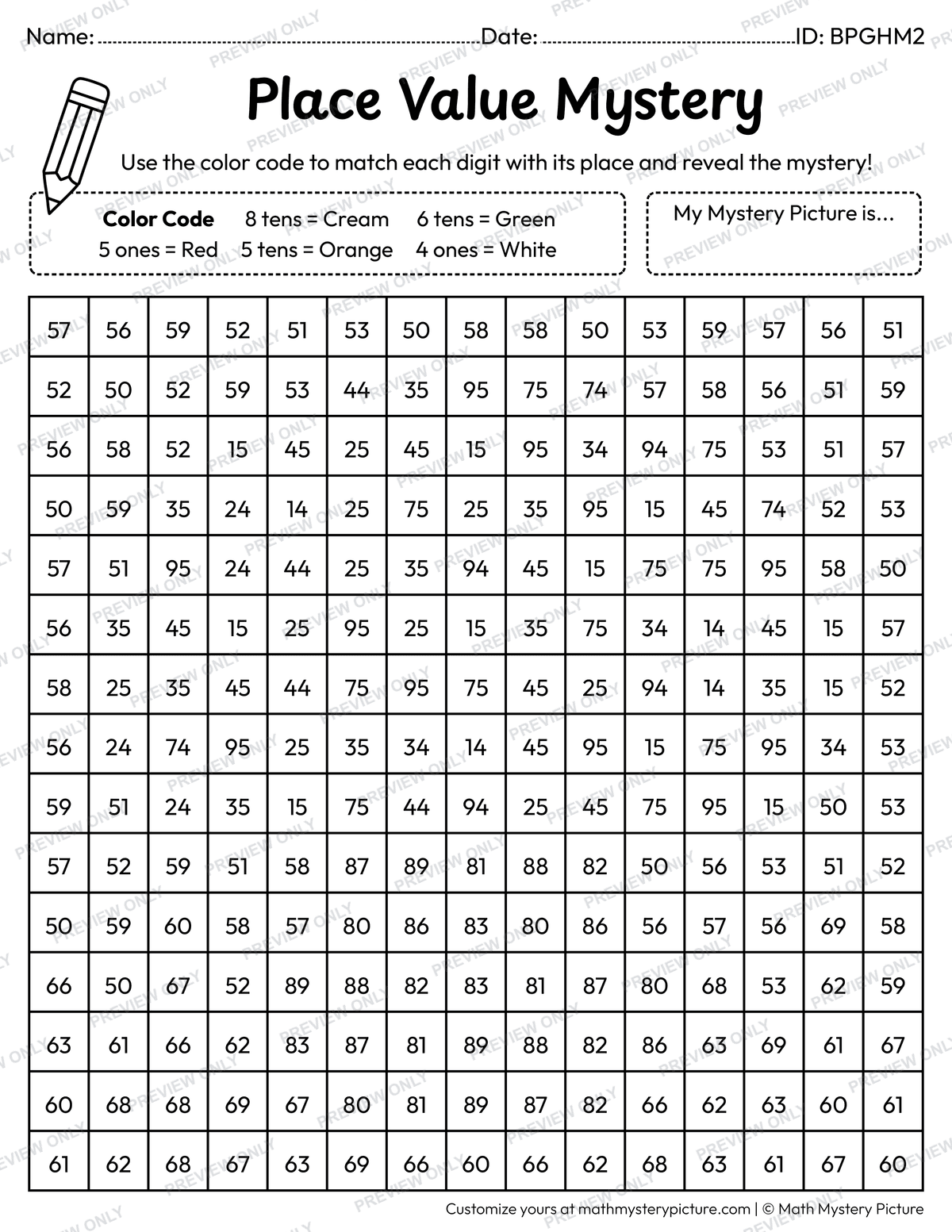 Fall Mushroom 2-digit Place Value Math Mystery Picture Coloring Worksheet