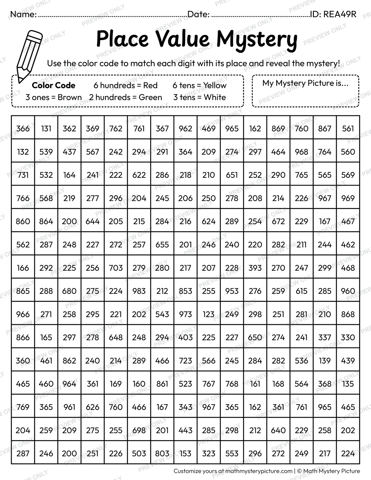 Fall Apple Tree 3-digit Place Value Math Mystery Picture Coloring Worksheet