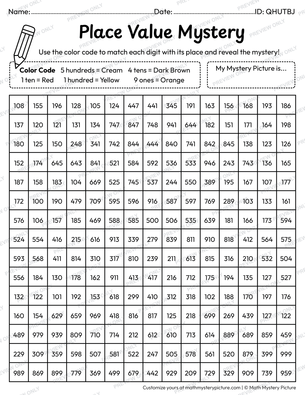 Fall Scarecrow 3-digit Place Value Math Mystery Picture Coloring Worksheet