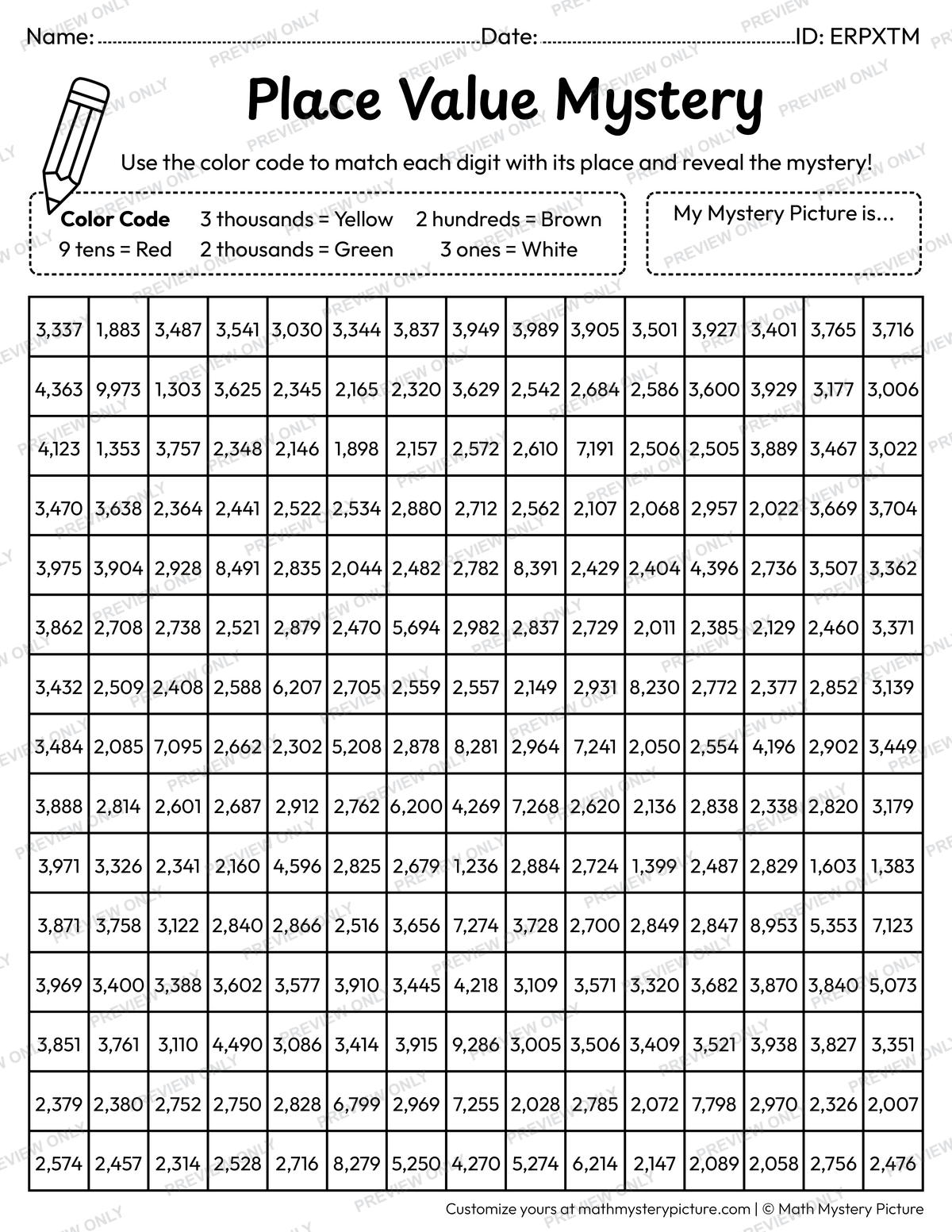 Fall Apple Tree 4-digit Place Value Math Mystery Picture Coloring Worksheet