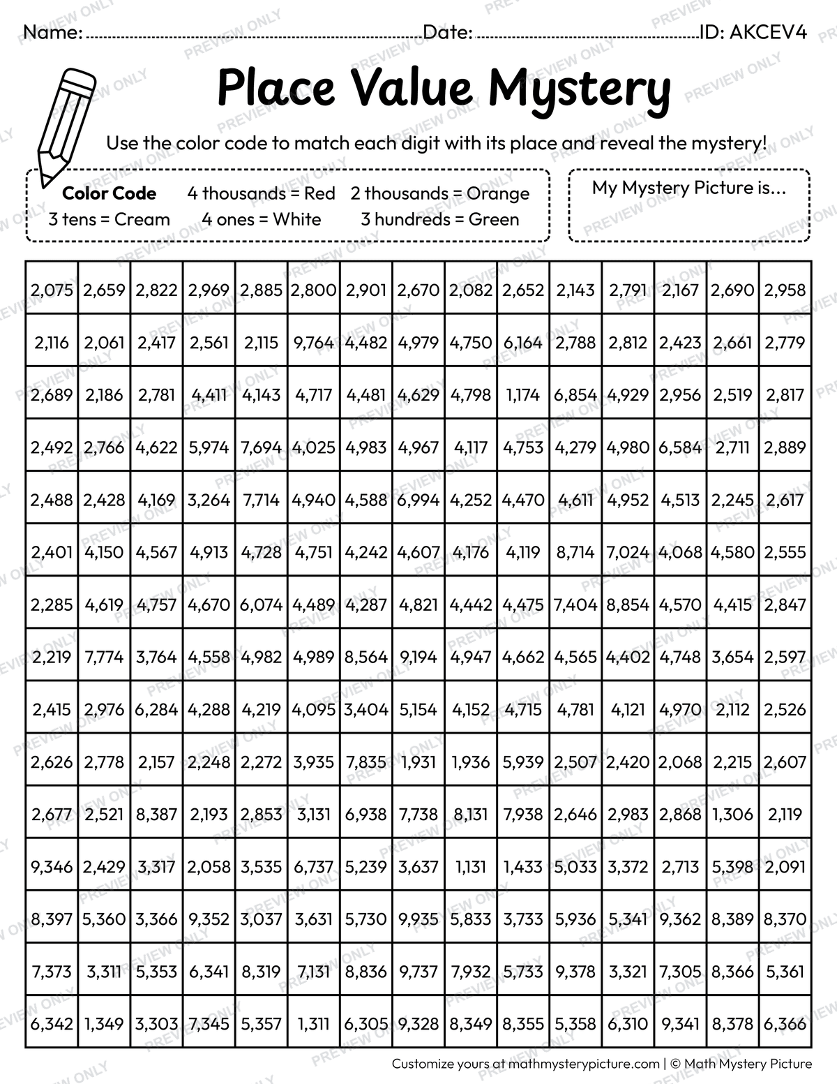 Fall Mushroom 4-digit Place Value Math Mystery Picture Coloring Worksheet