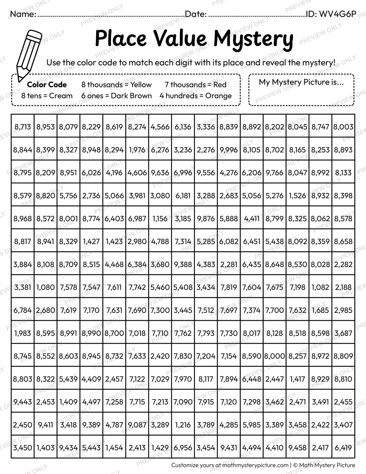 Fall Scarecrow 4-digit Place Value Math Mystery Picture Coloring Worksheet