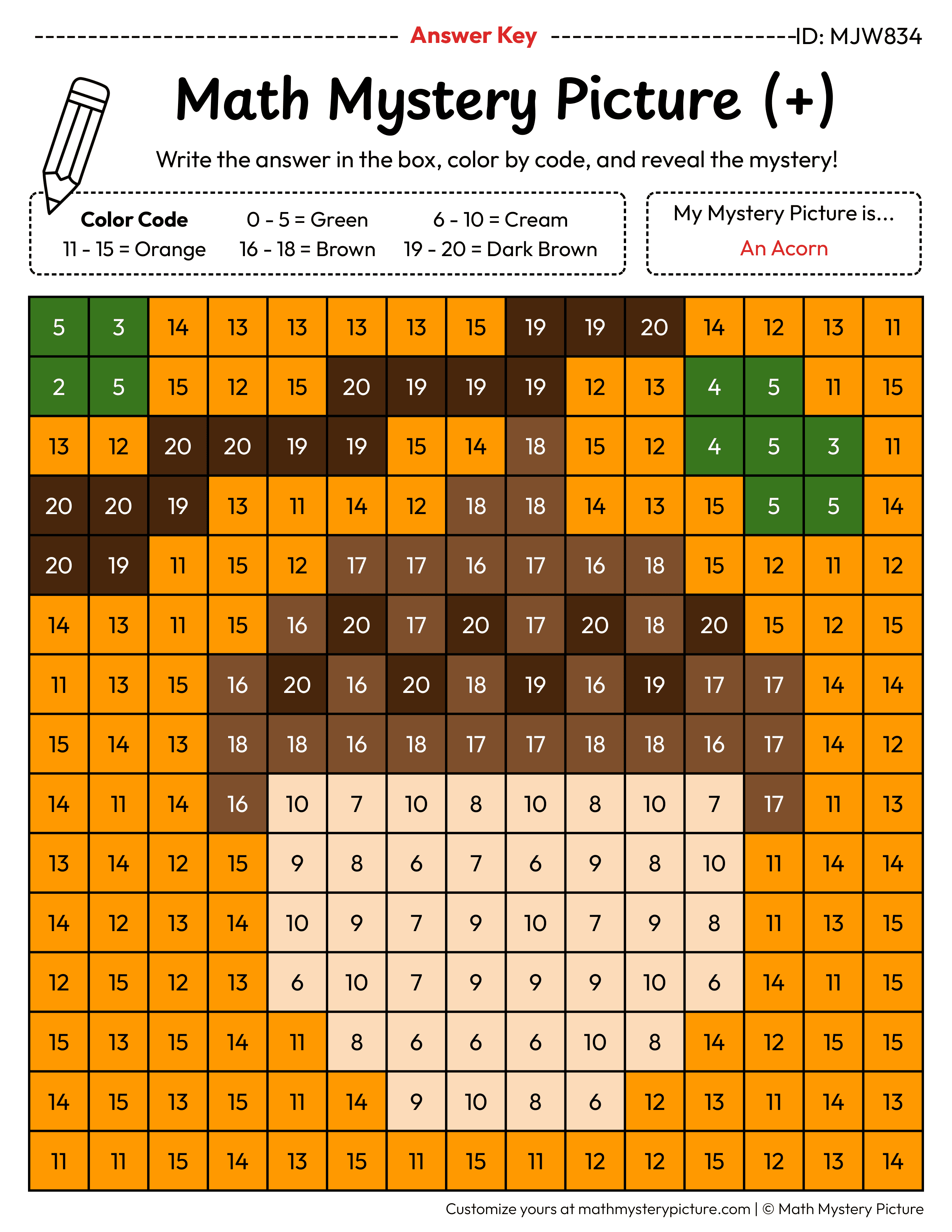 Fall Acorn Addition Within 20 Math Mystery Picture Color by Number Answer Key