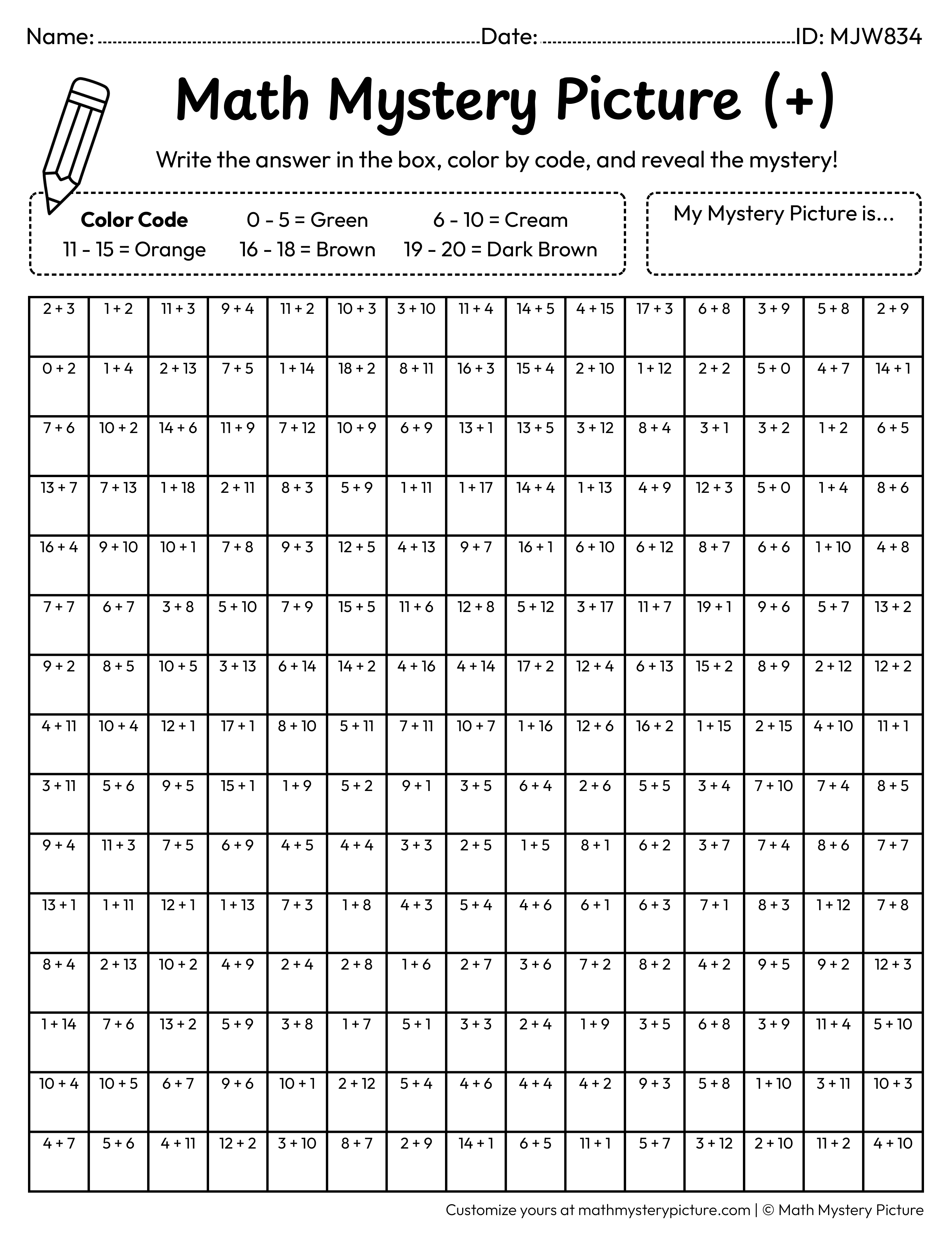 Fall Acorn Addition Within 20 Math Mystery Picture Coloring Worksheet