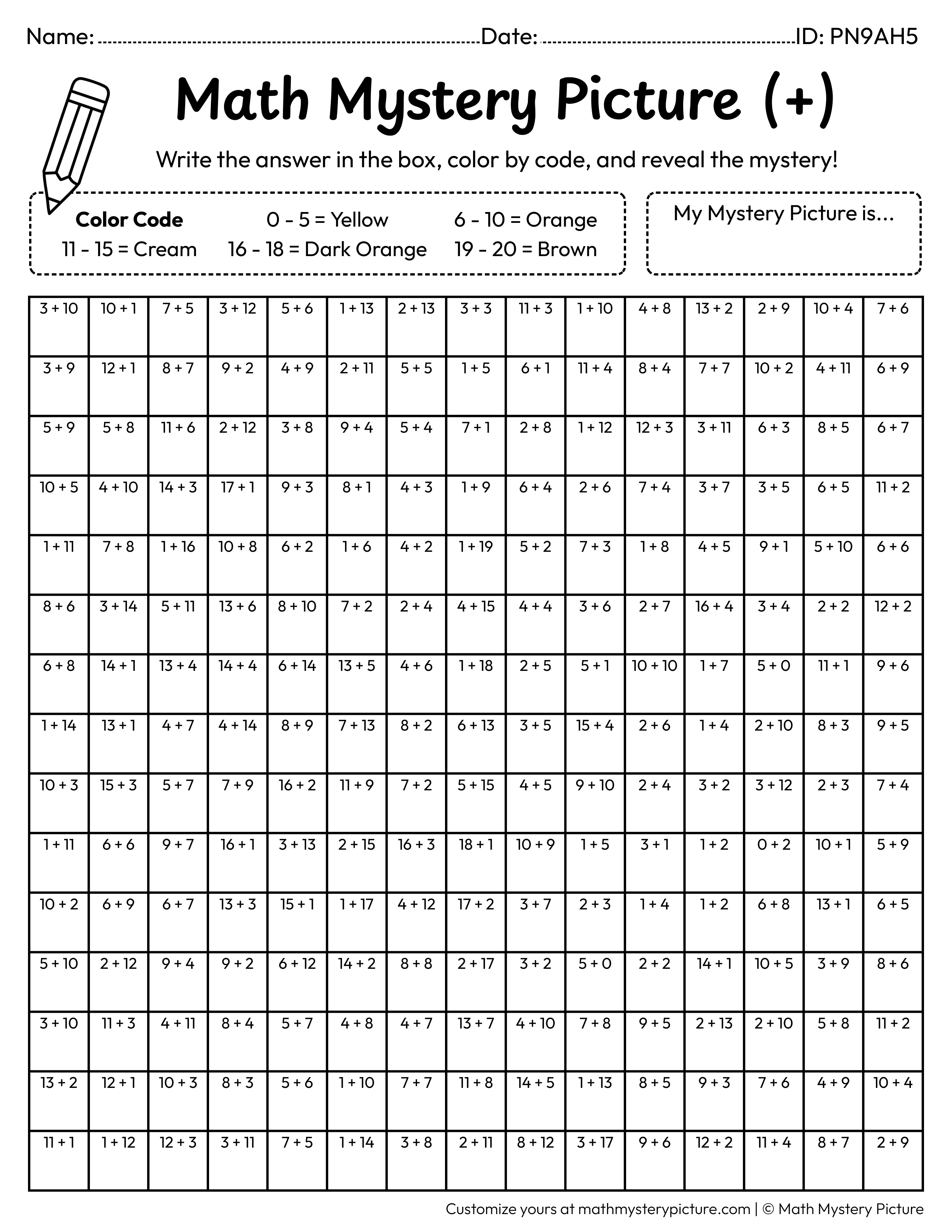 Fall Maple Leaf Addition Within 20 Math Mystery Picture Coloring Worksheet