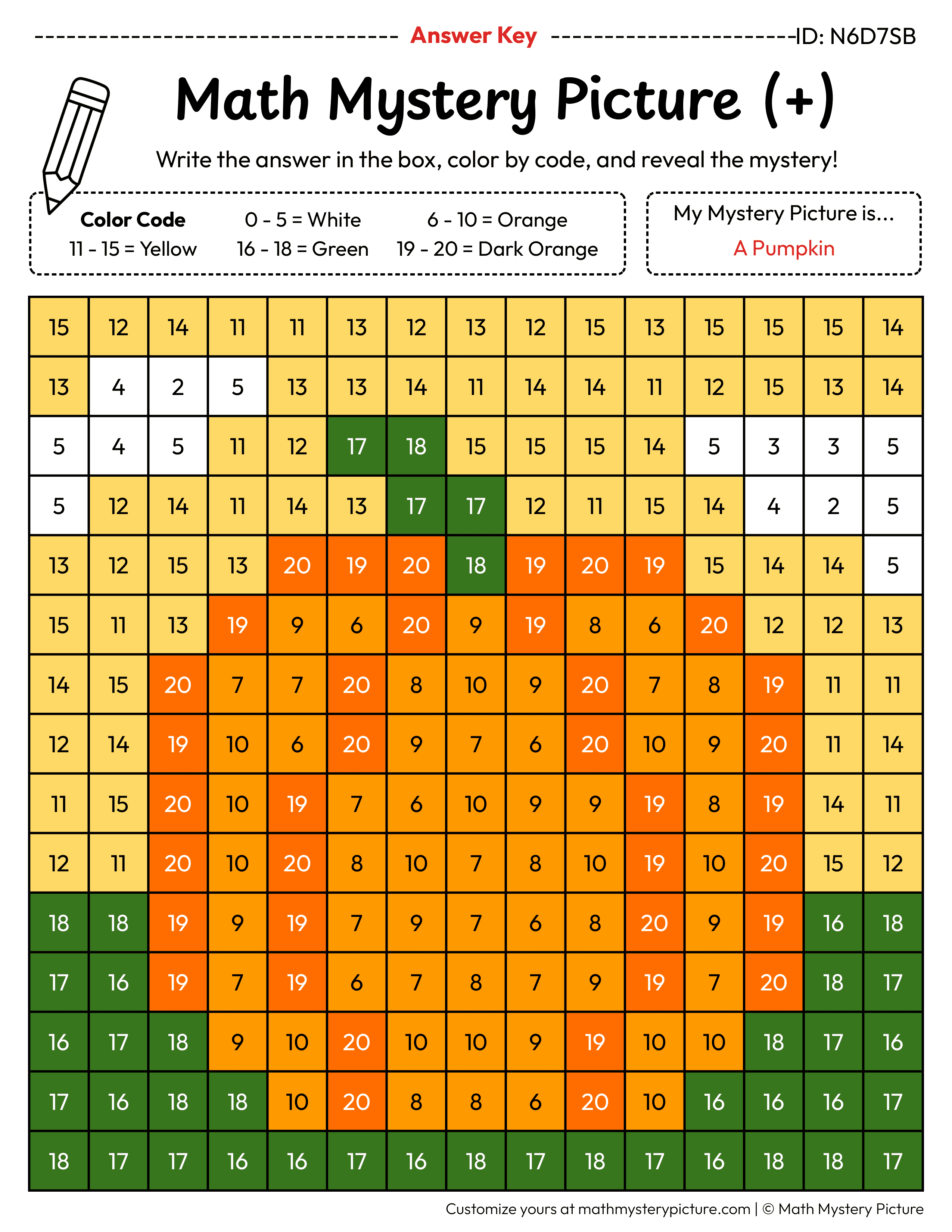Fall Pumpkin Addition Within 20 Math Mystery Picture Color by Number Answer Key