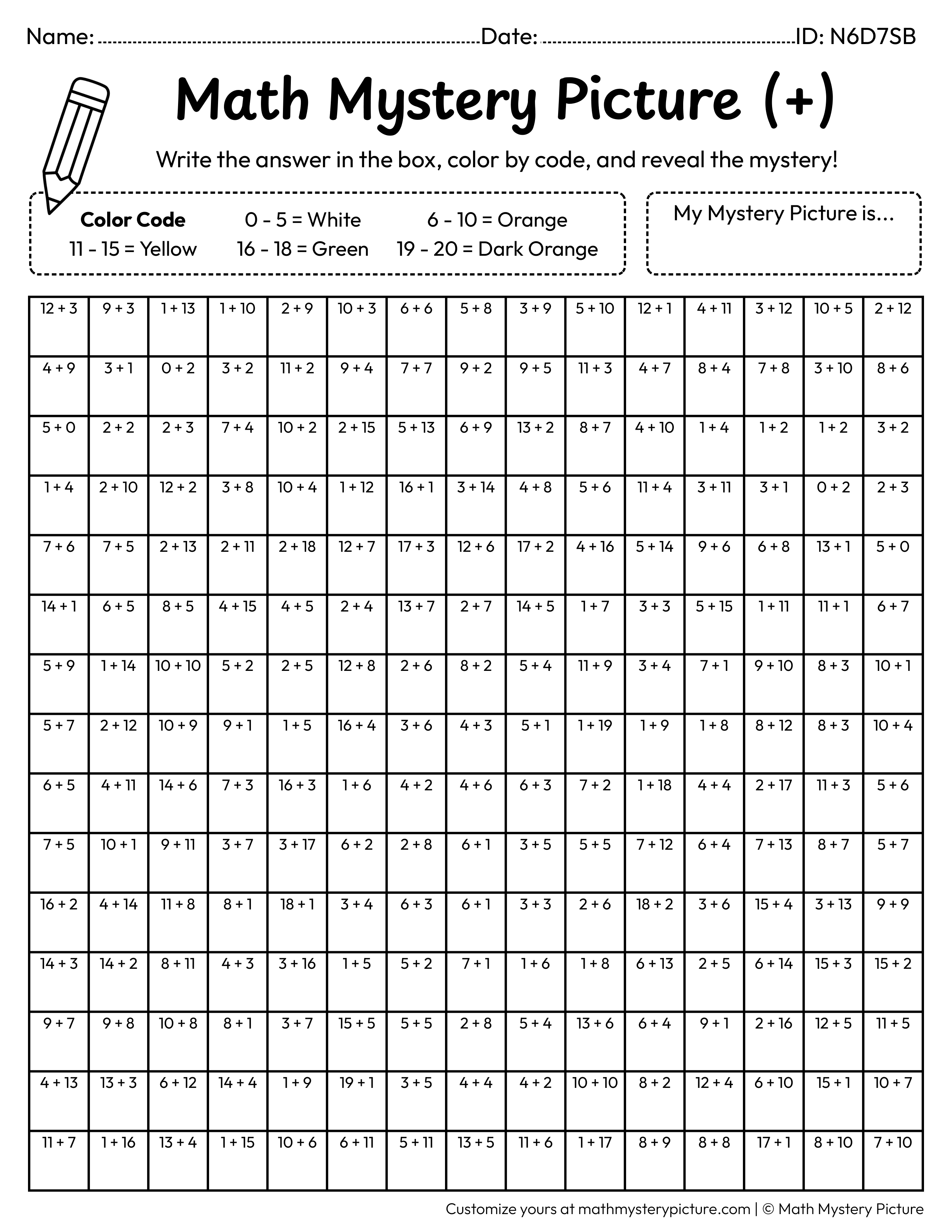 Fall Pumpkin Addition Within 20 Math Mystery Picture Coloring Worksheet