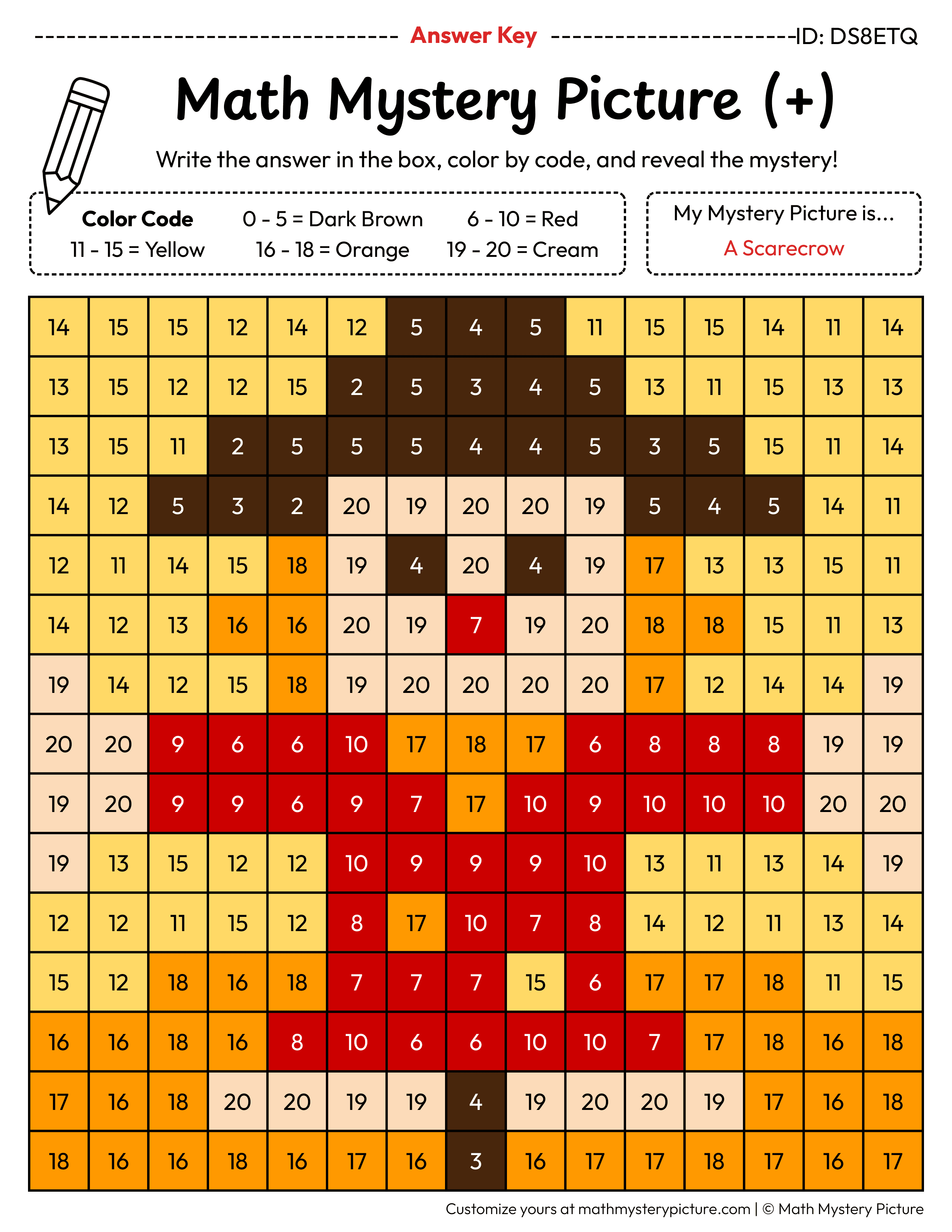 Fall Scarecrow Addition Within 20 Math Mystery Picture Color by Number Answer Key