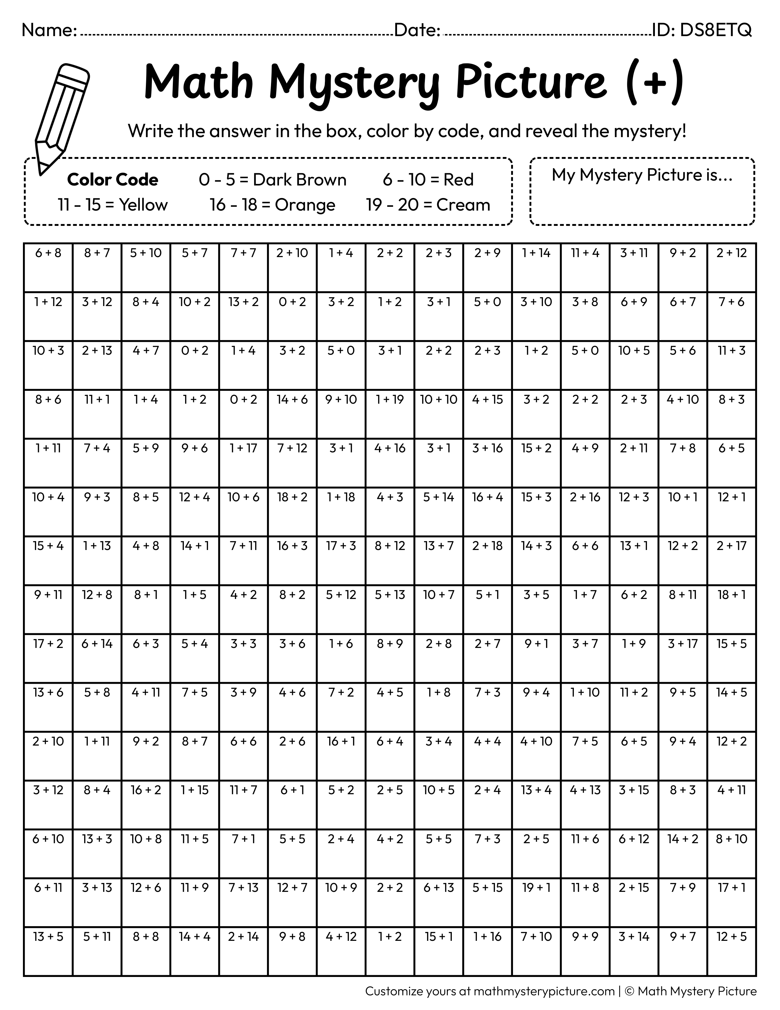 Fall Scarecrow Addition Within 20 Math Mystery Picture Coloring Worksheet