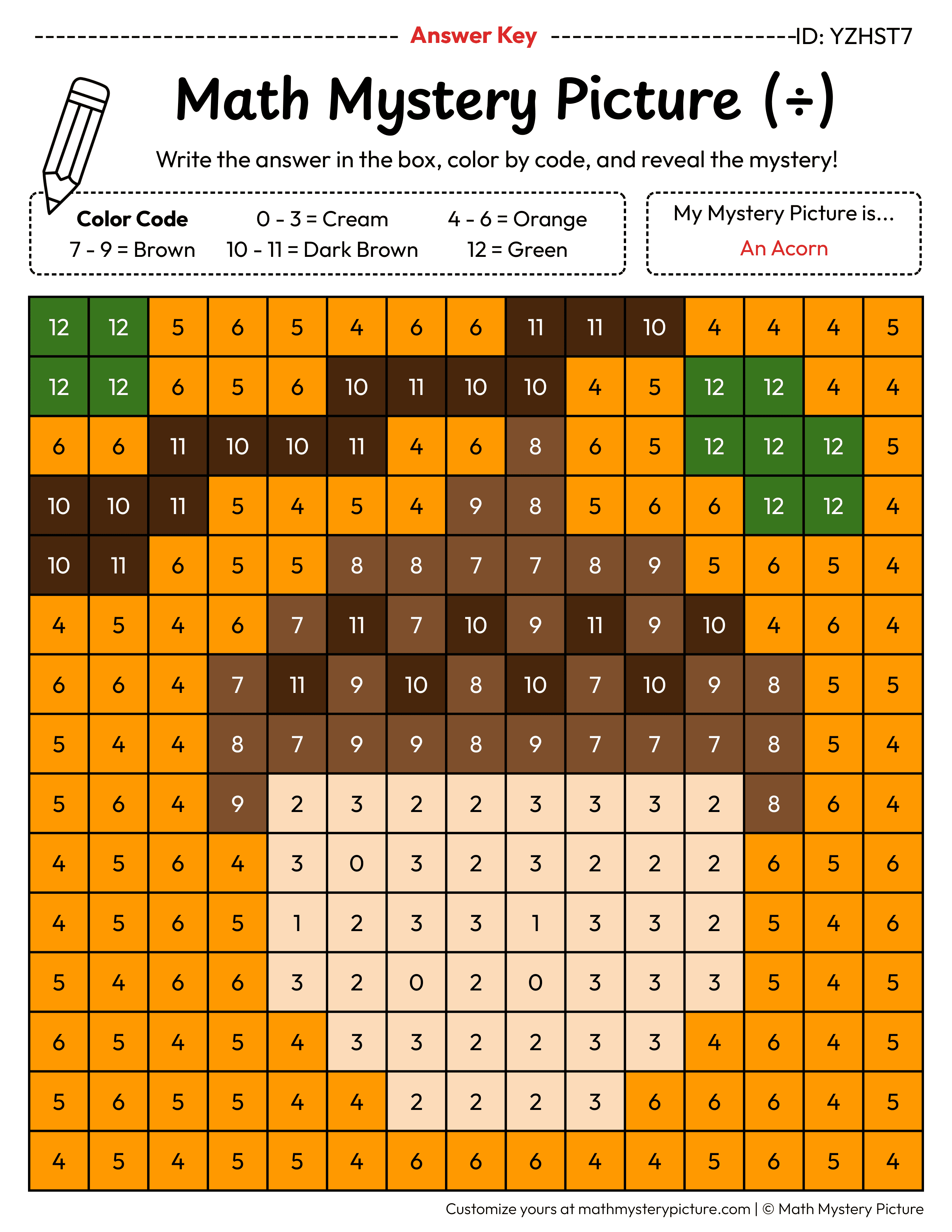 Fall Acorn Division Facts Math Mystery Picture Color by Number Answer Key