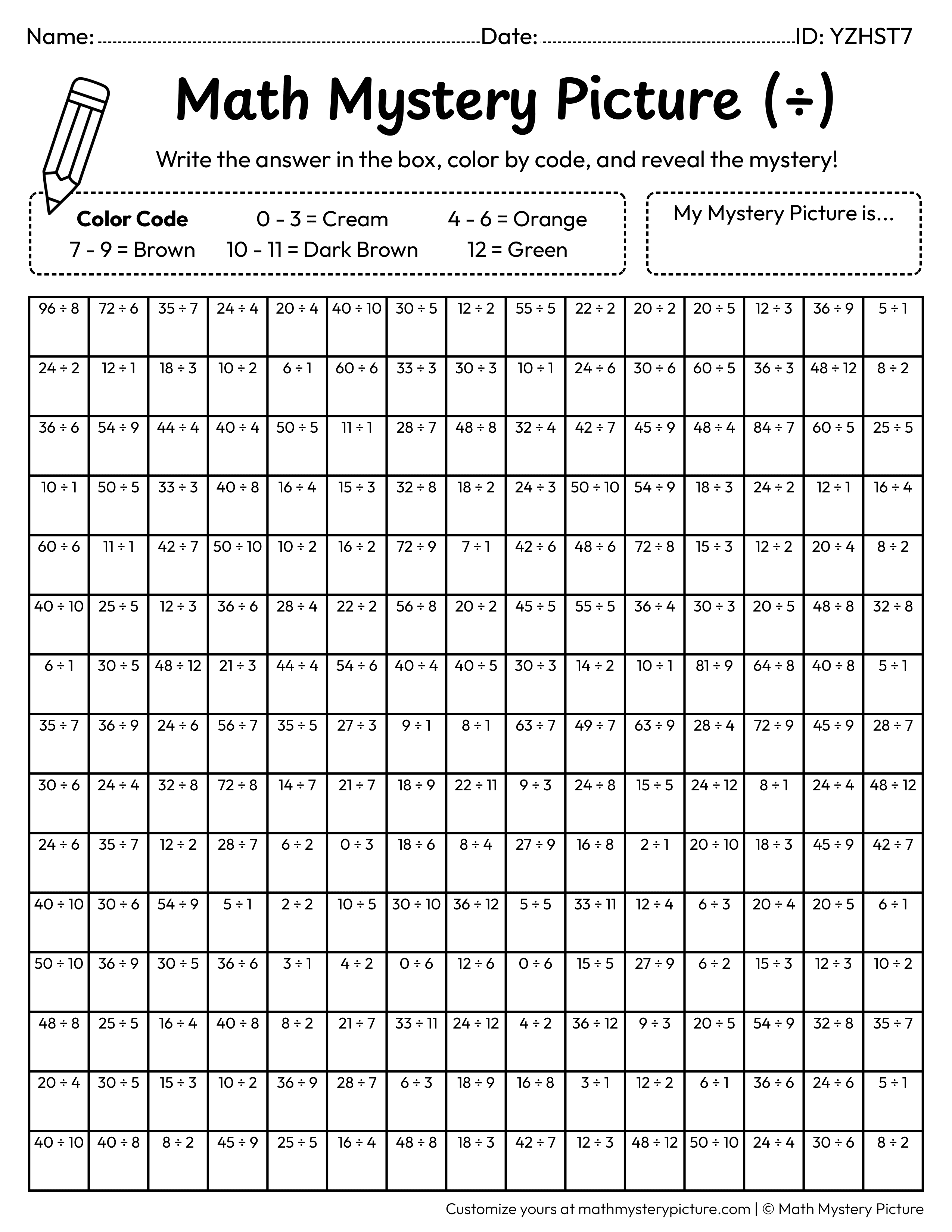 Fall Acorn Division Facts Math Mystery Picture Coloring Worksheet