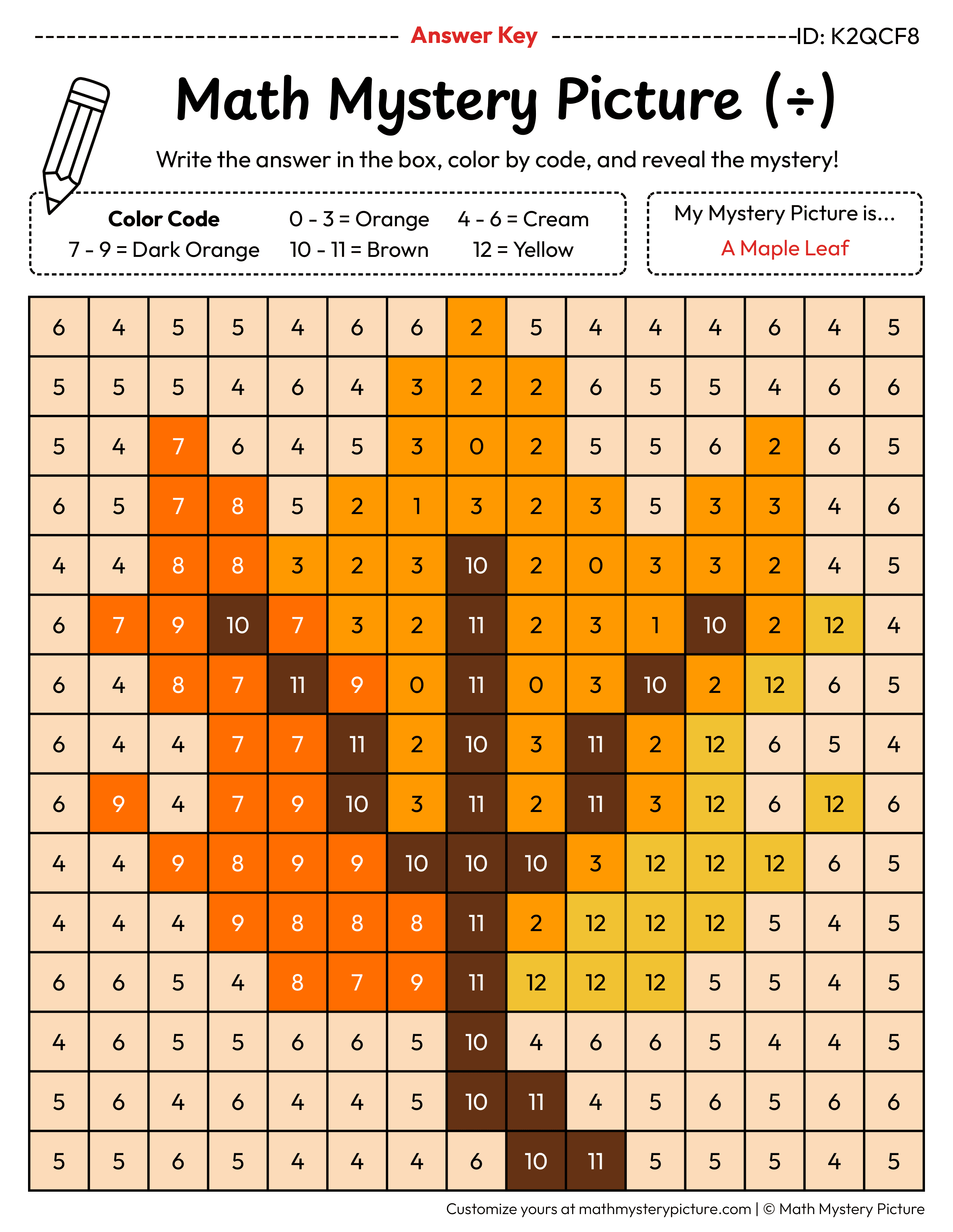 Fall Maple Leaf Division Facts Math Mystery Picture Color by Number Answer Key