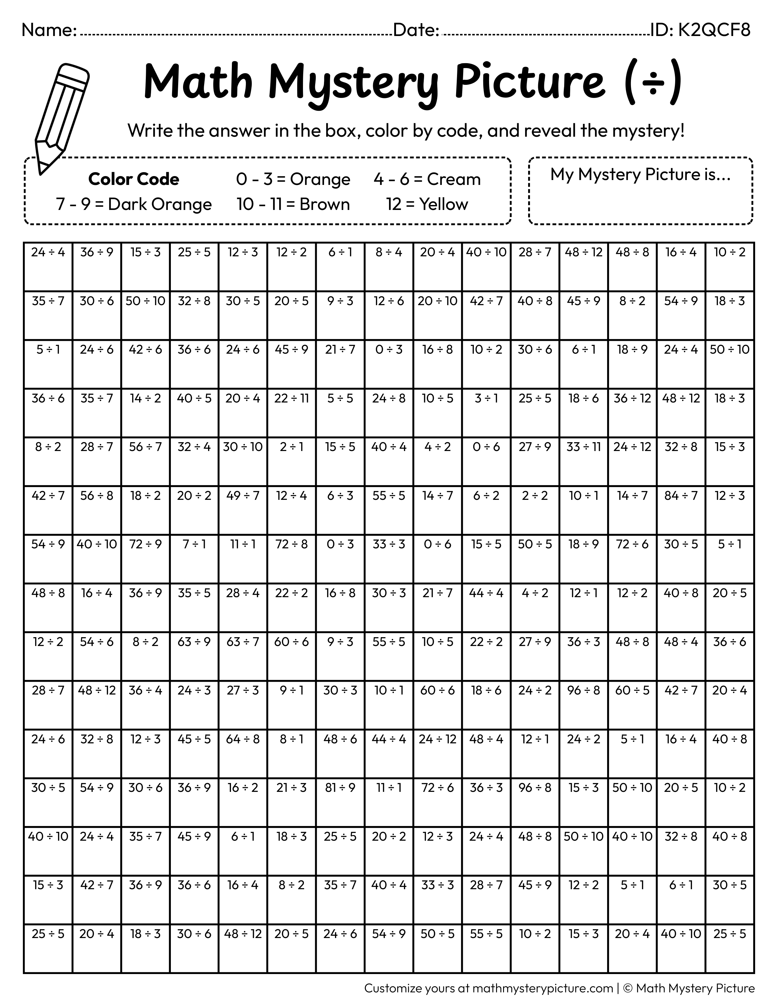 Fall Maple Leaf Division Facts Math Mystery Picture Coloring Worksheet