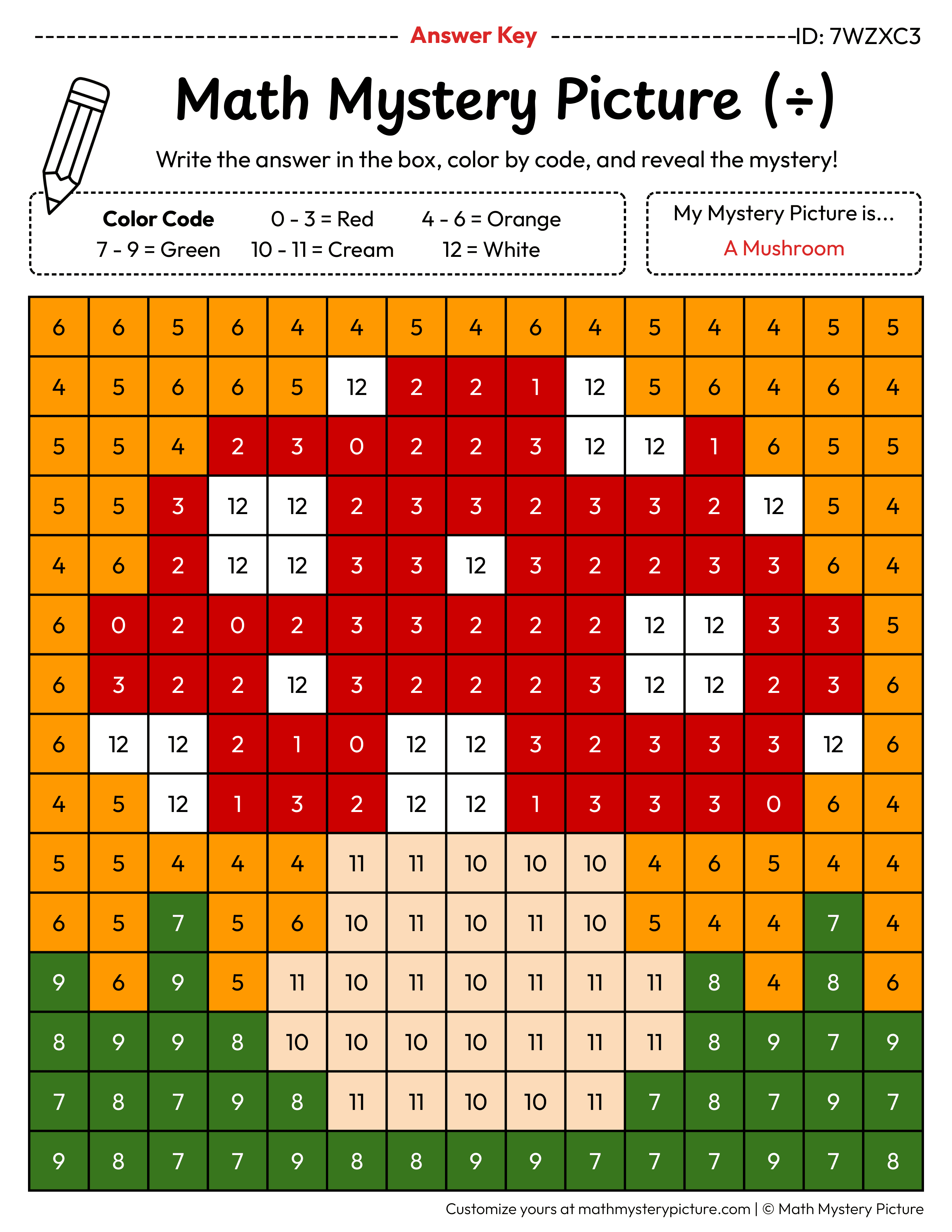 Fall Mushroom Division Facts Math Mystery Picture Color by Number Answer Key