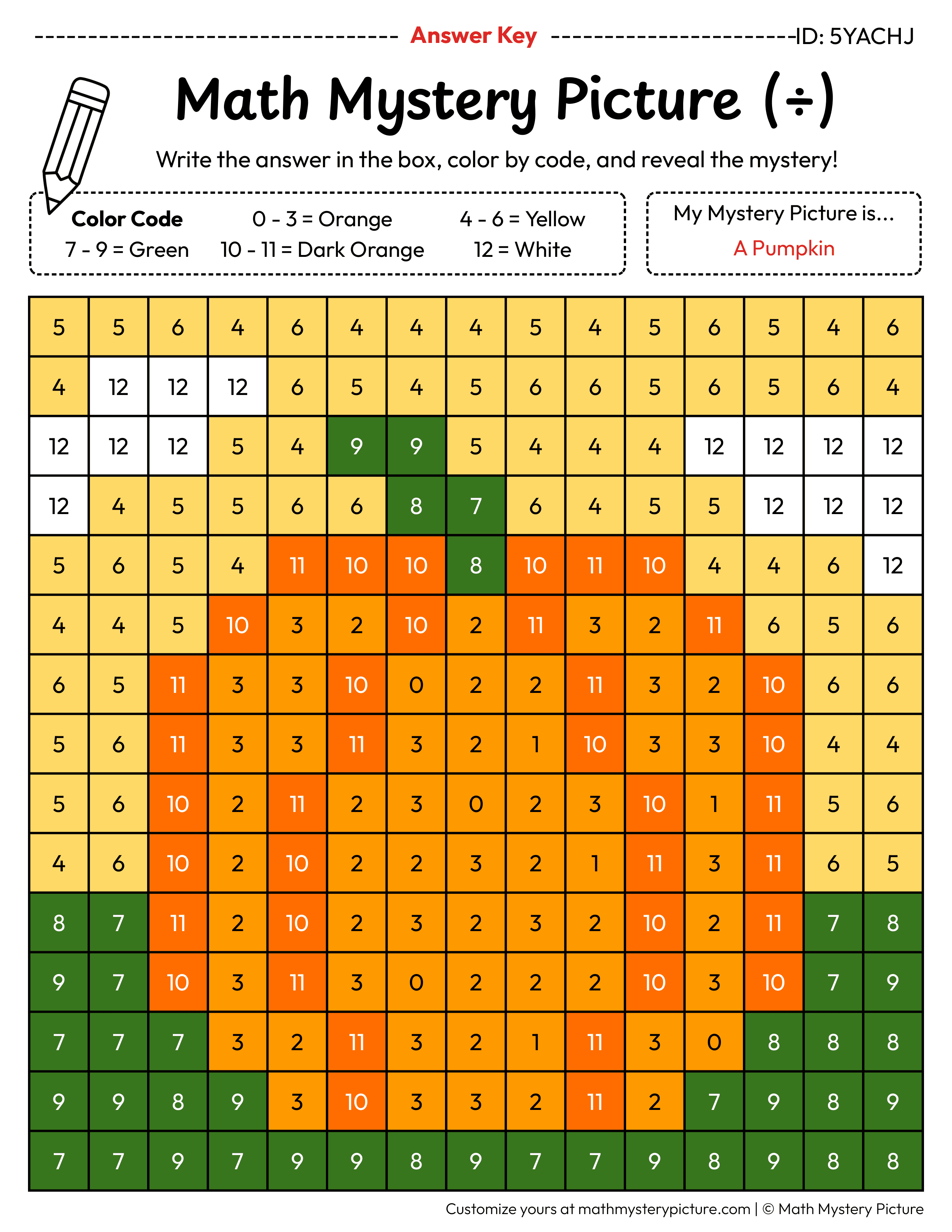 Fall Pumpkin Division Facts Math Mystery Picture Color by Number Answer Key