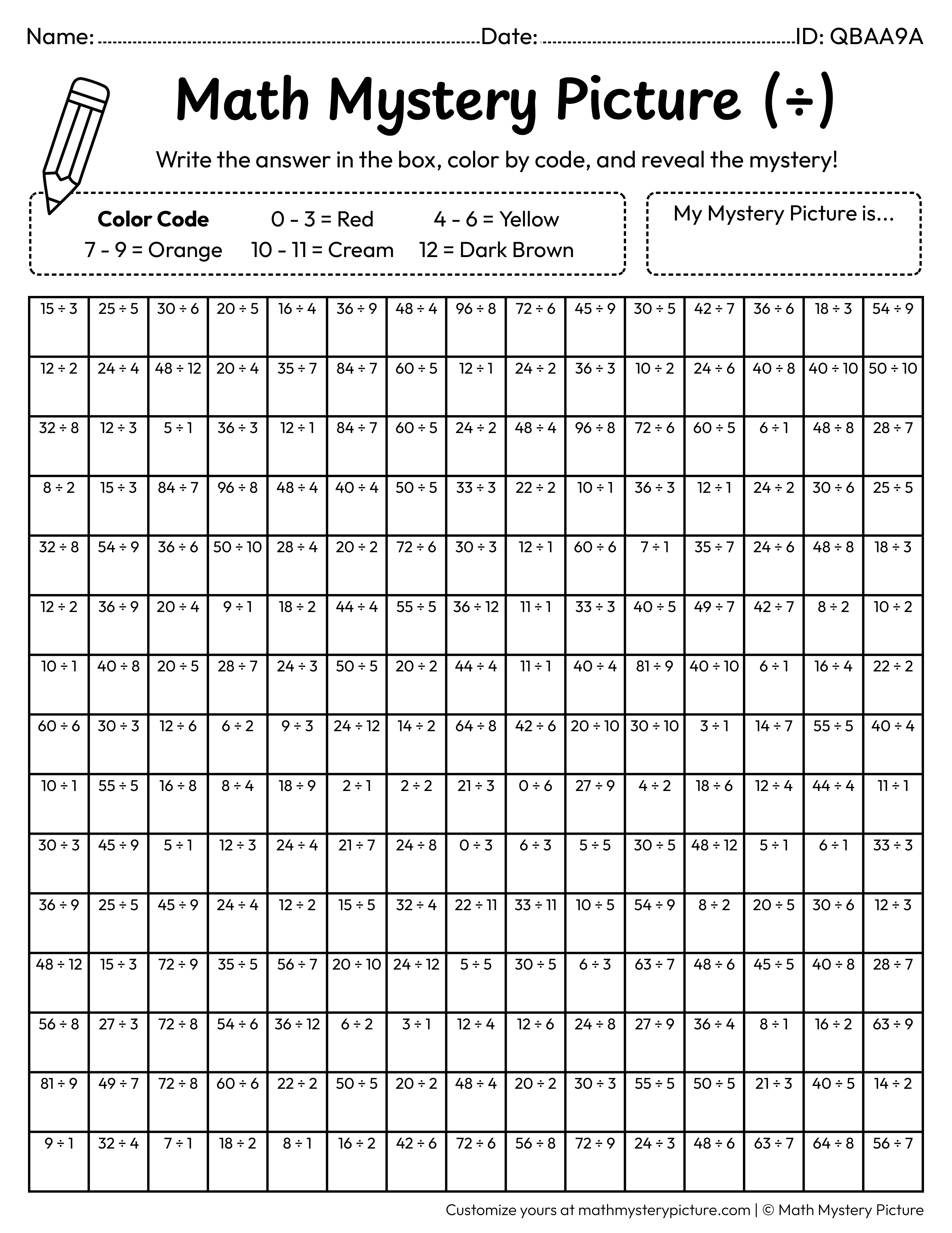 Fall Scarecrow Division Facts Math Mystery Picture Coloring Worksheet