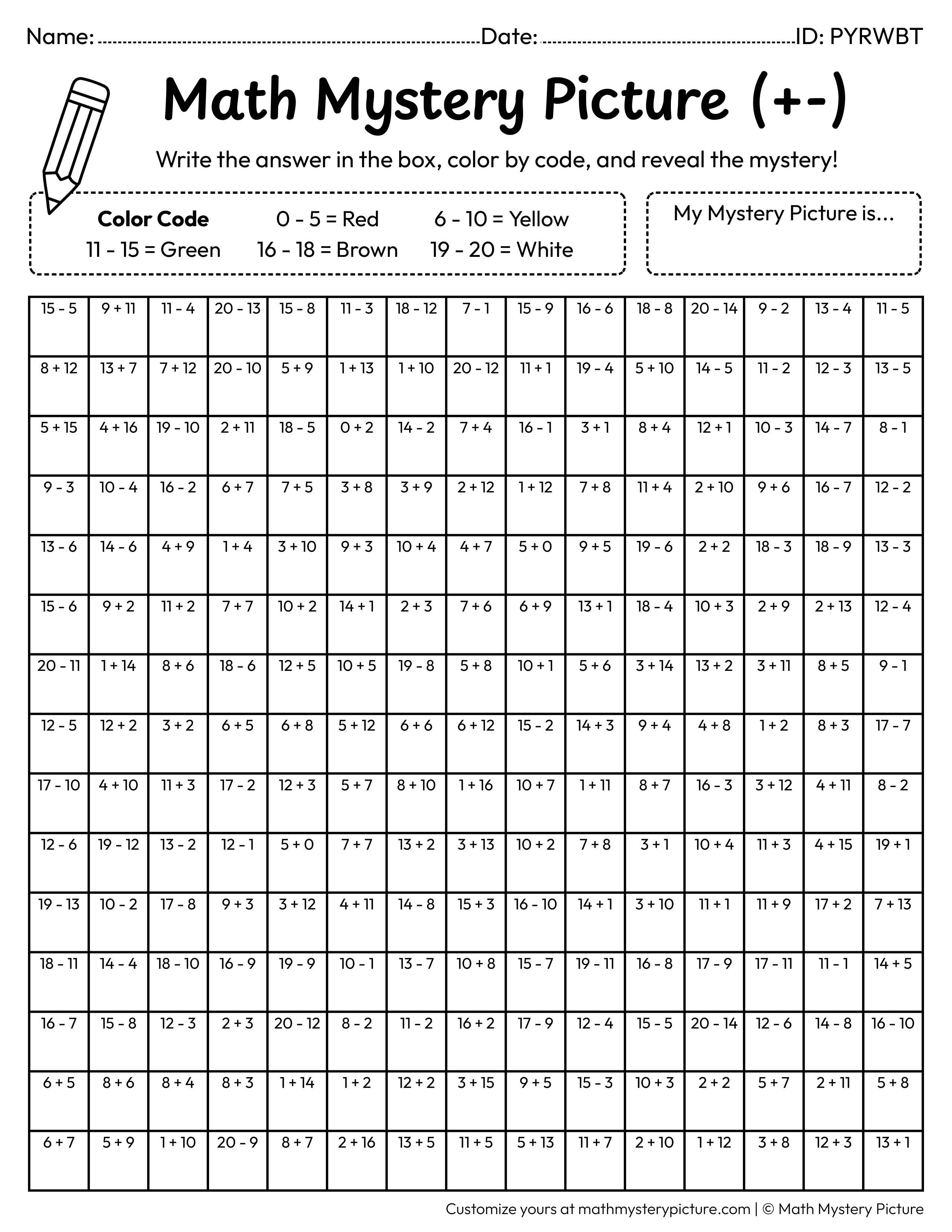 Fall Apple Tree Mixed Addition and Subtraction Within 20 Math Mystery Picture Coloring Worksheet