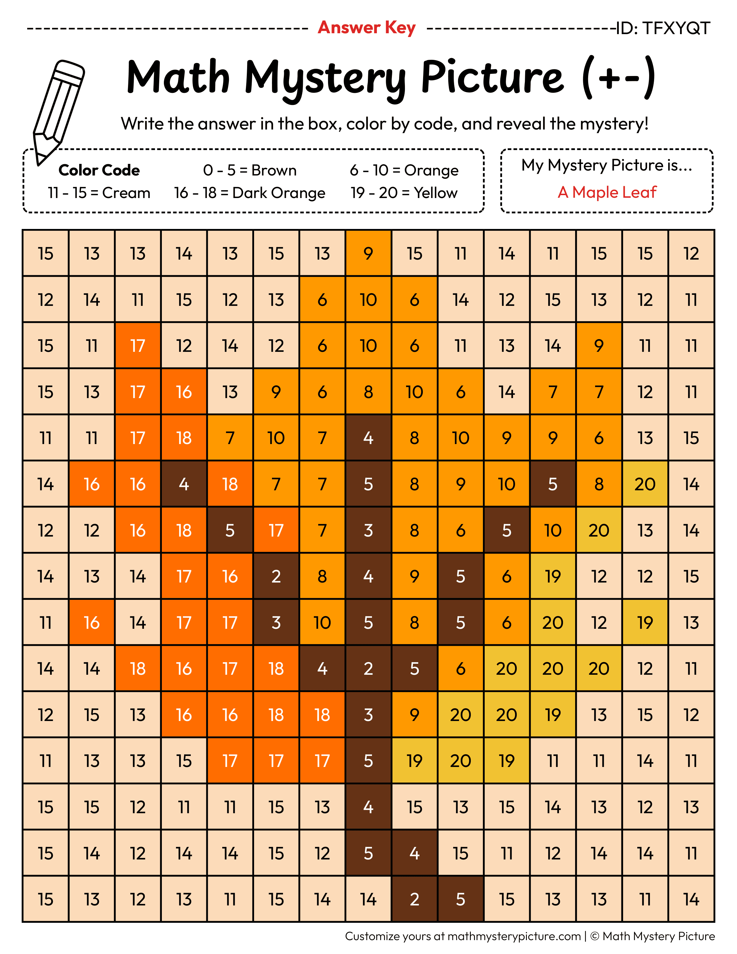 Fall Maple Leaf Mixed Addition and Subtraction Within 20 Math Mystery Picture Color by Number Answer Key