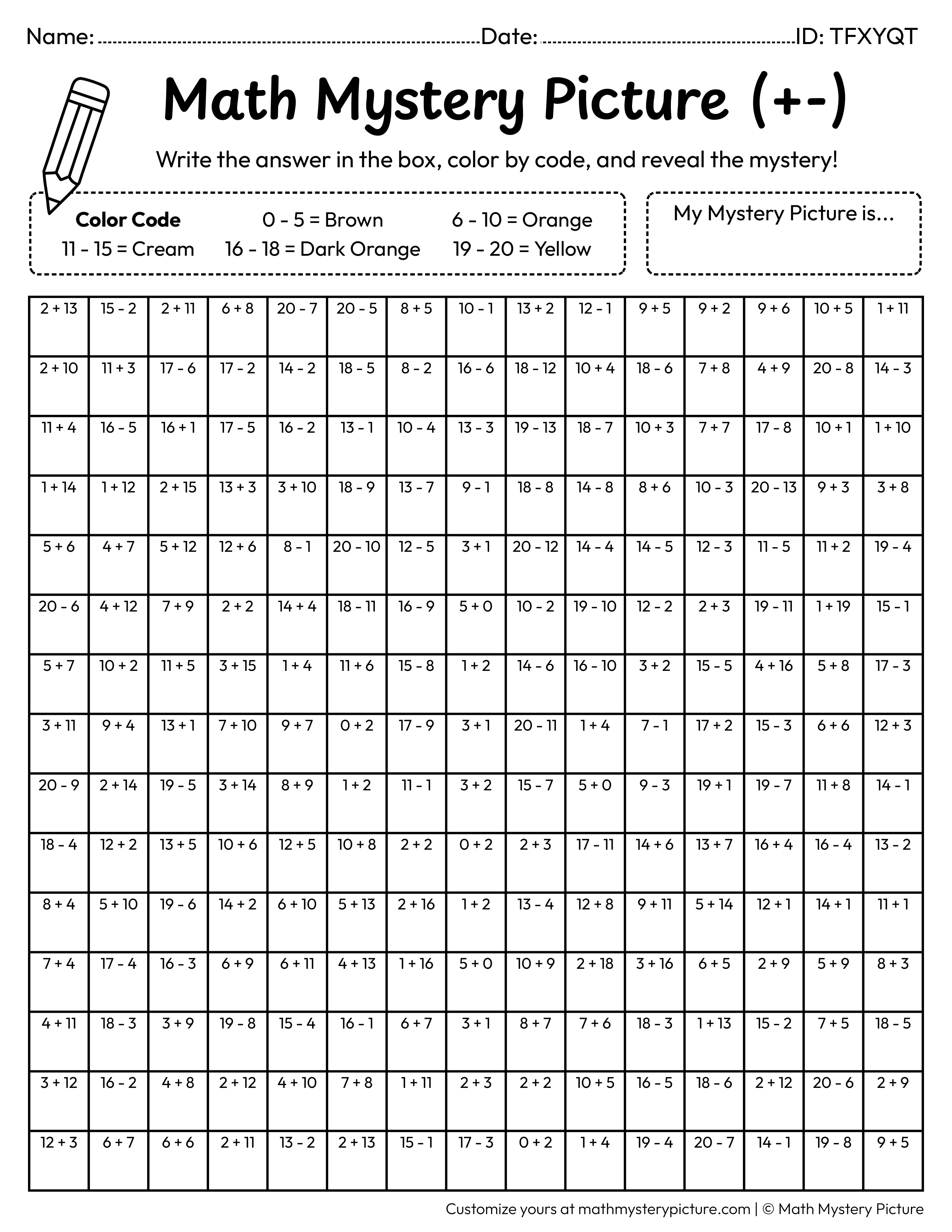 Fall Maple Leaf Mixed Addition and Subtraction Within 20 Math Mystery Picture Coloring Worksheet