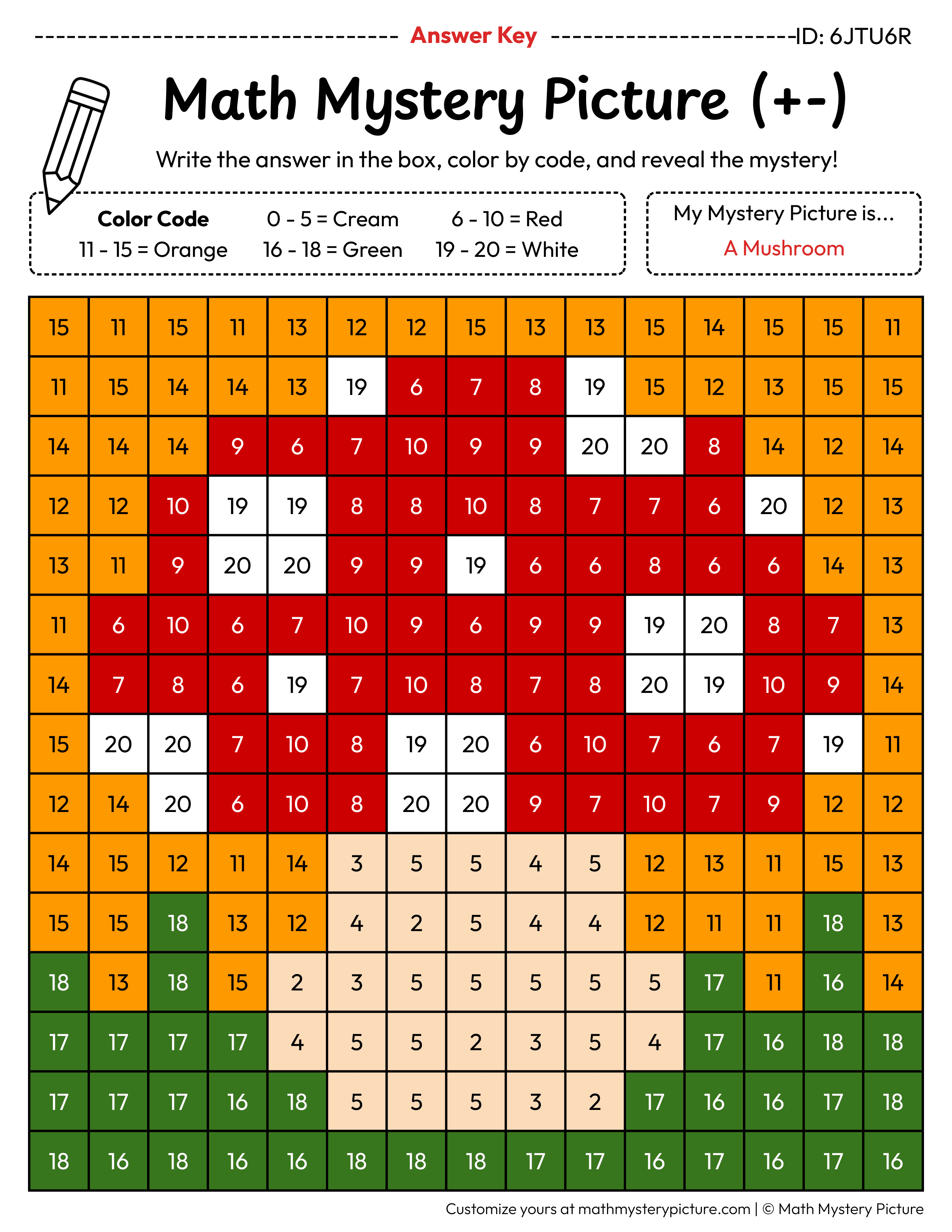 Fall Mushroom Mixed Addition and Subtraction Within 20 Math Mystery Picture Color by Number Answer Key