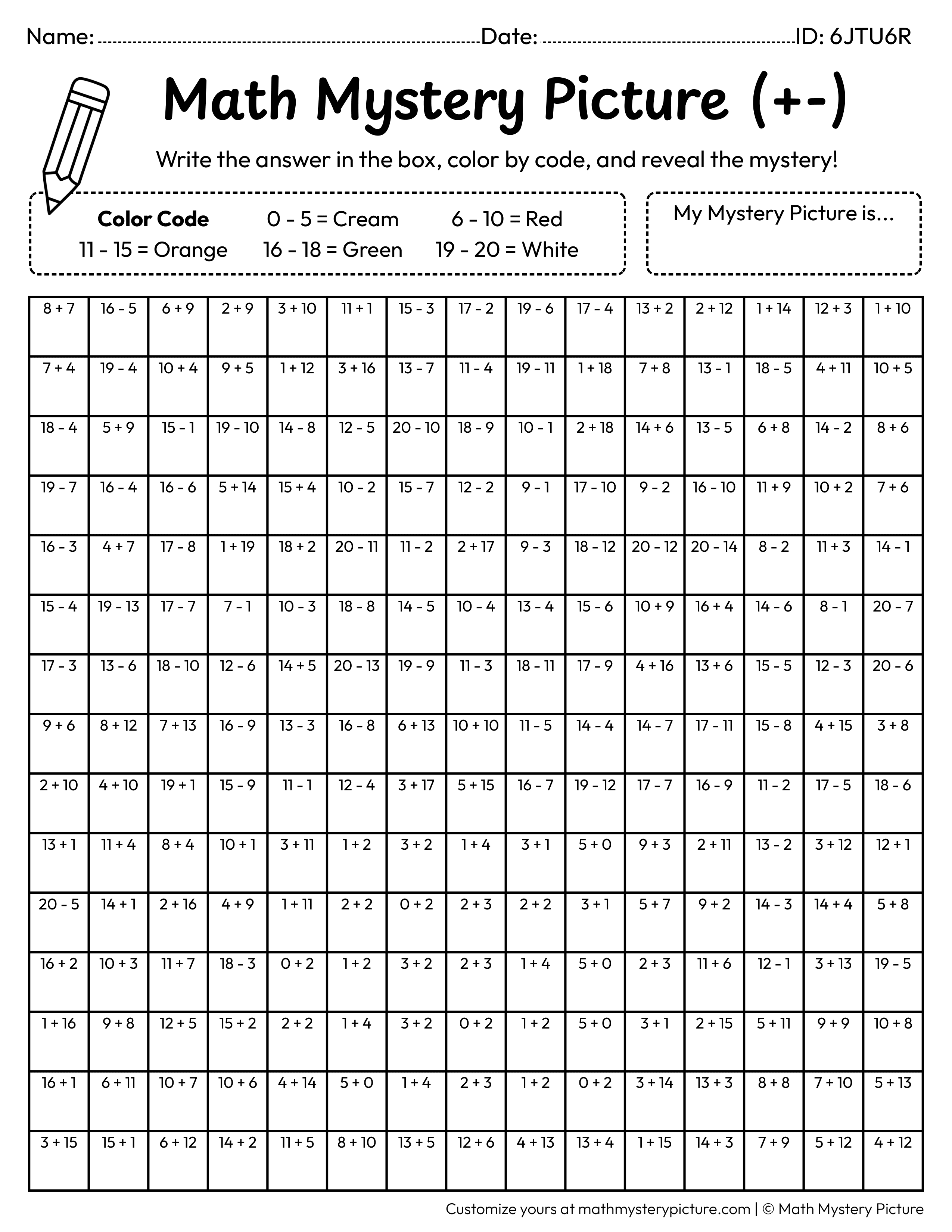 Fall Mushroom Mixed Addition and Subtraction Within 20 Math Mystery Picture Coloring Worksheet