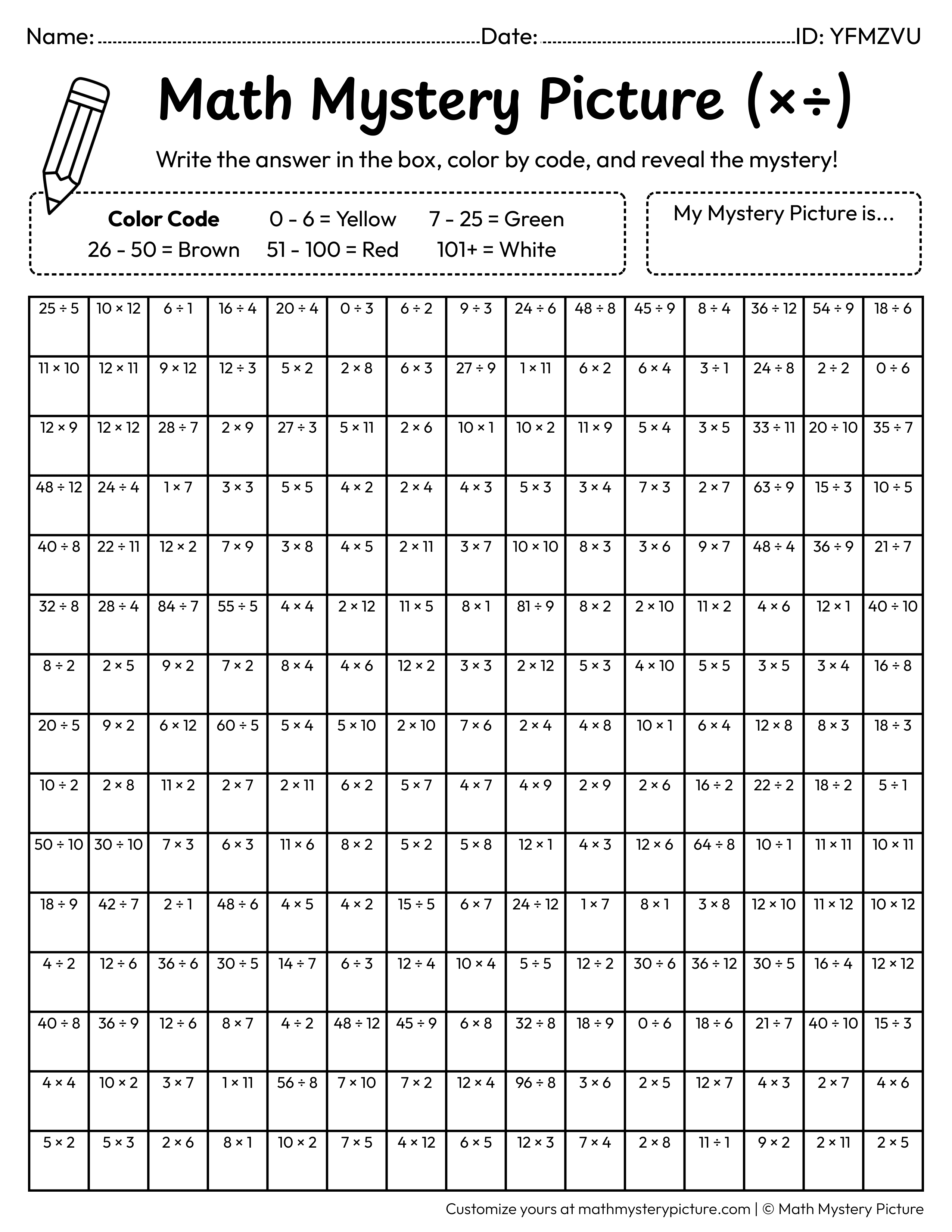 Fall Apple Tree Mixed Multiplication and Division Facts Math Mystery Picture Coloring Worksheet