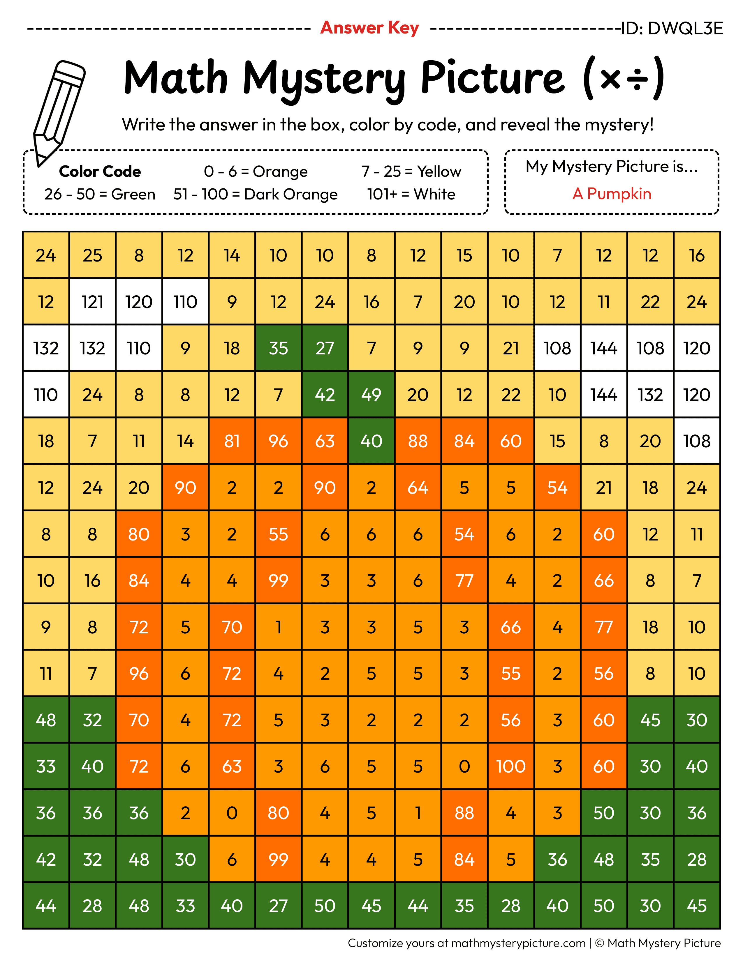 Fall Pumpkin Mixed Multiplication and Division Facts Math Mystery Picture Color by Number Answer Key