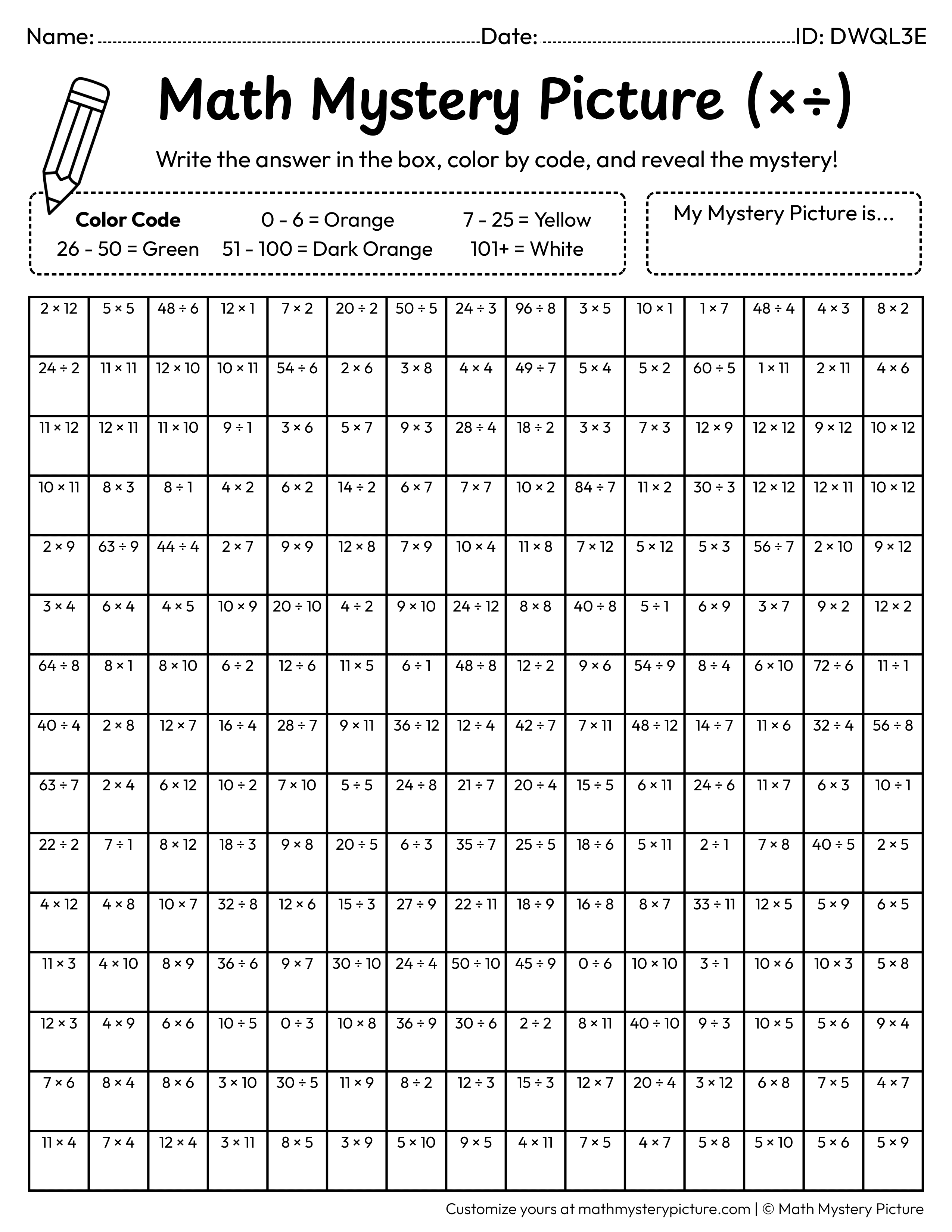Fall Pumpkin Mixed Multiplication and Division Facts Math Mystery Picture Coloring Worksheet