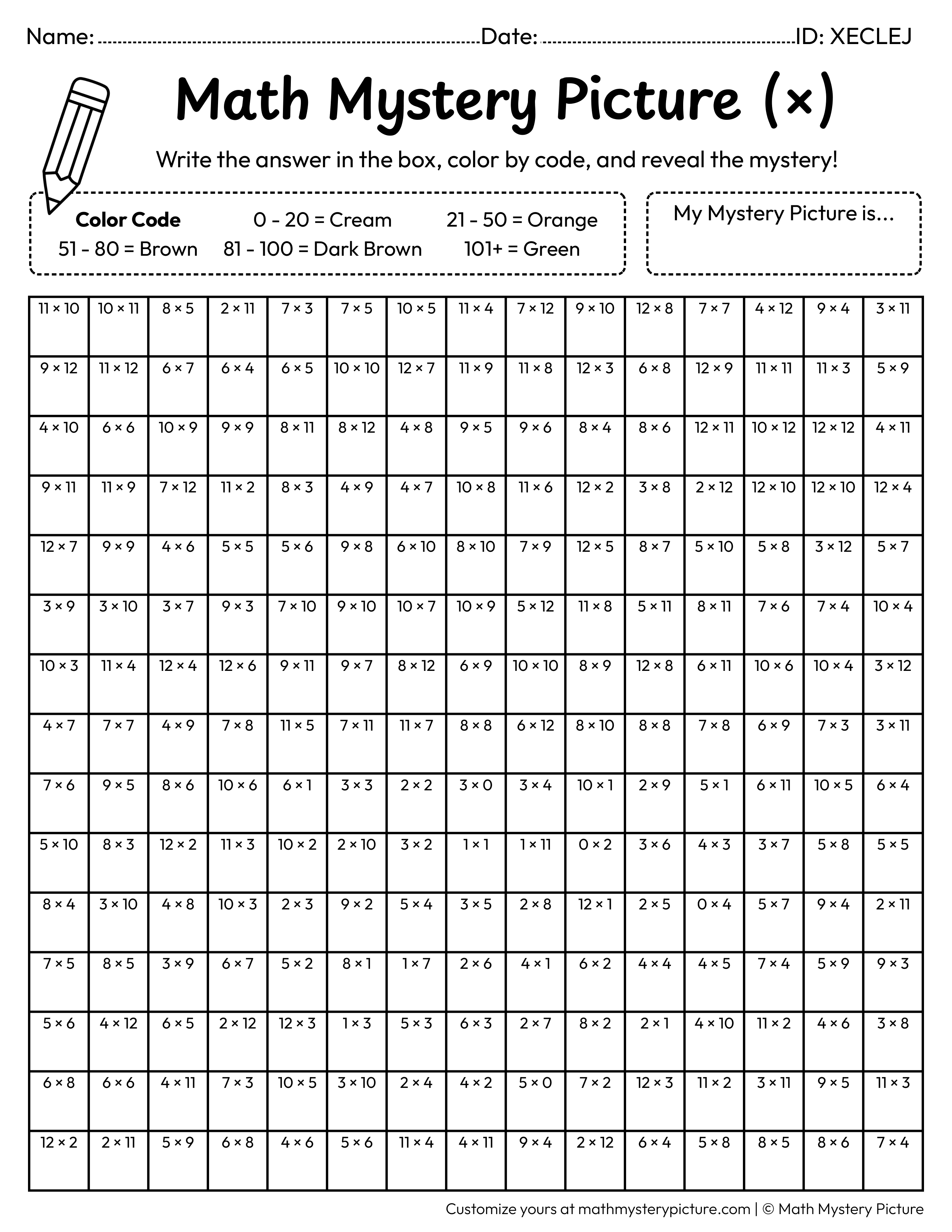 Fall Acorn Multiplication Facts Math Mystery Picture Coloring Worksheet