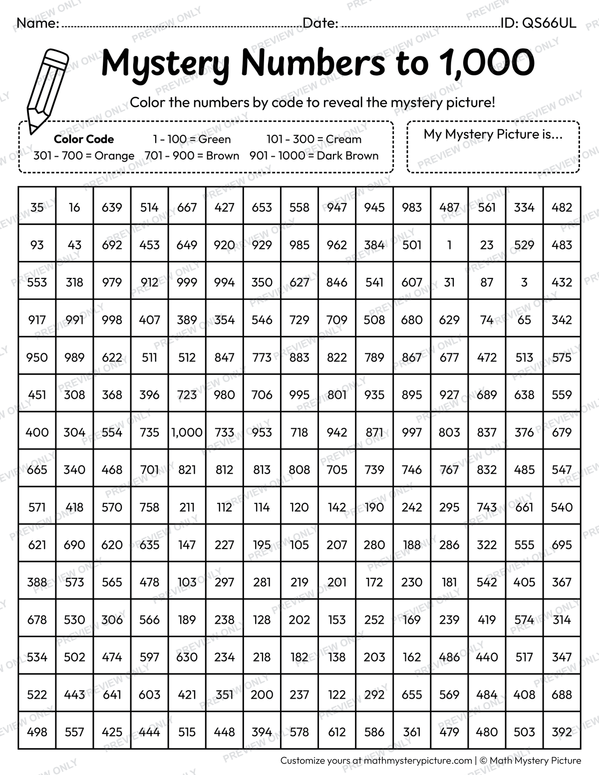 Fall Acorn Numbers to 1,000 Math Mystery Picture Coloring Worksheet